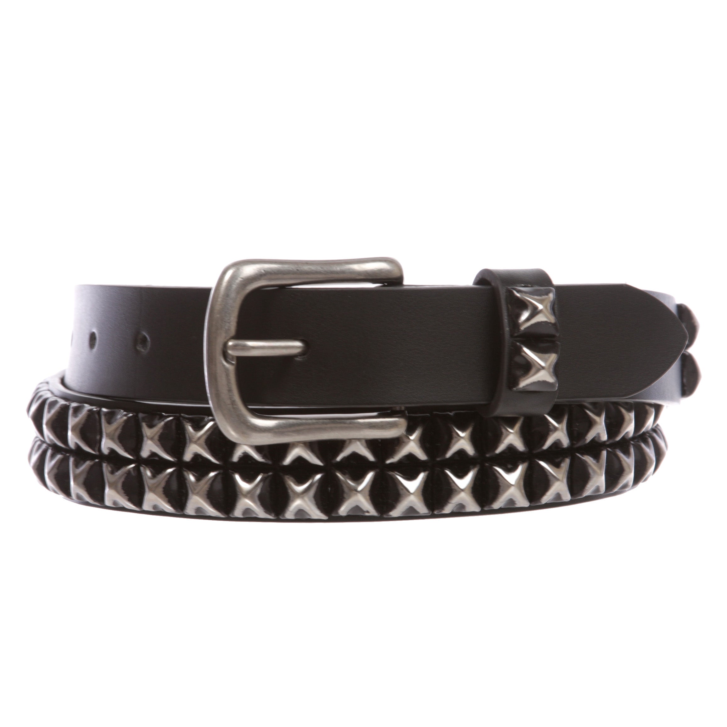 Snap On Two Row Punk Rock Star Distressed Black Studded Leather Belt - OnlineBelts