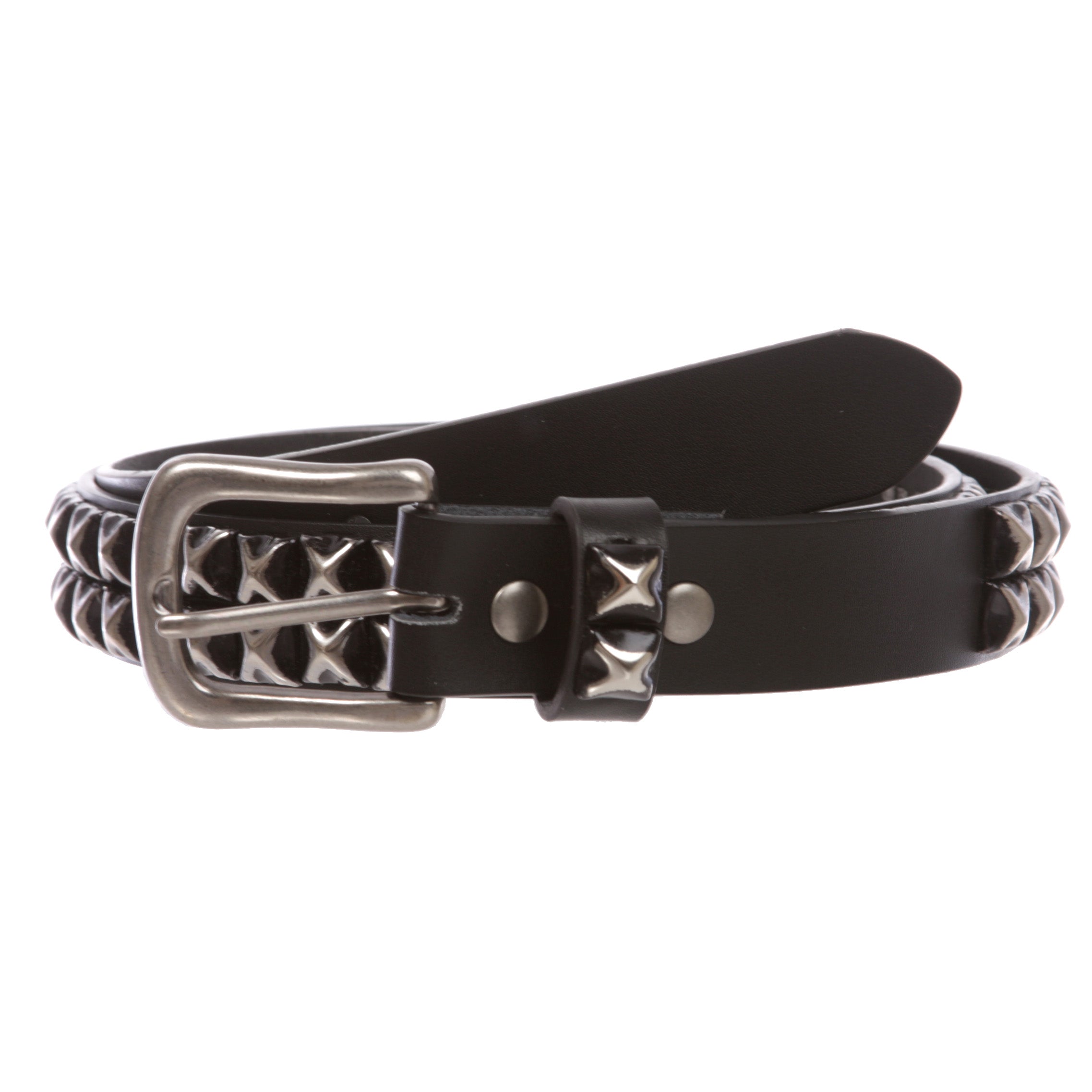 Snap On Two Row Punk Rock Star Distressed Black Studded Leather Belt - OnlineBelts