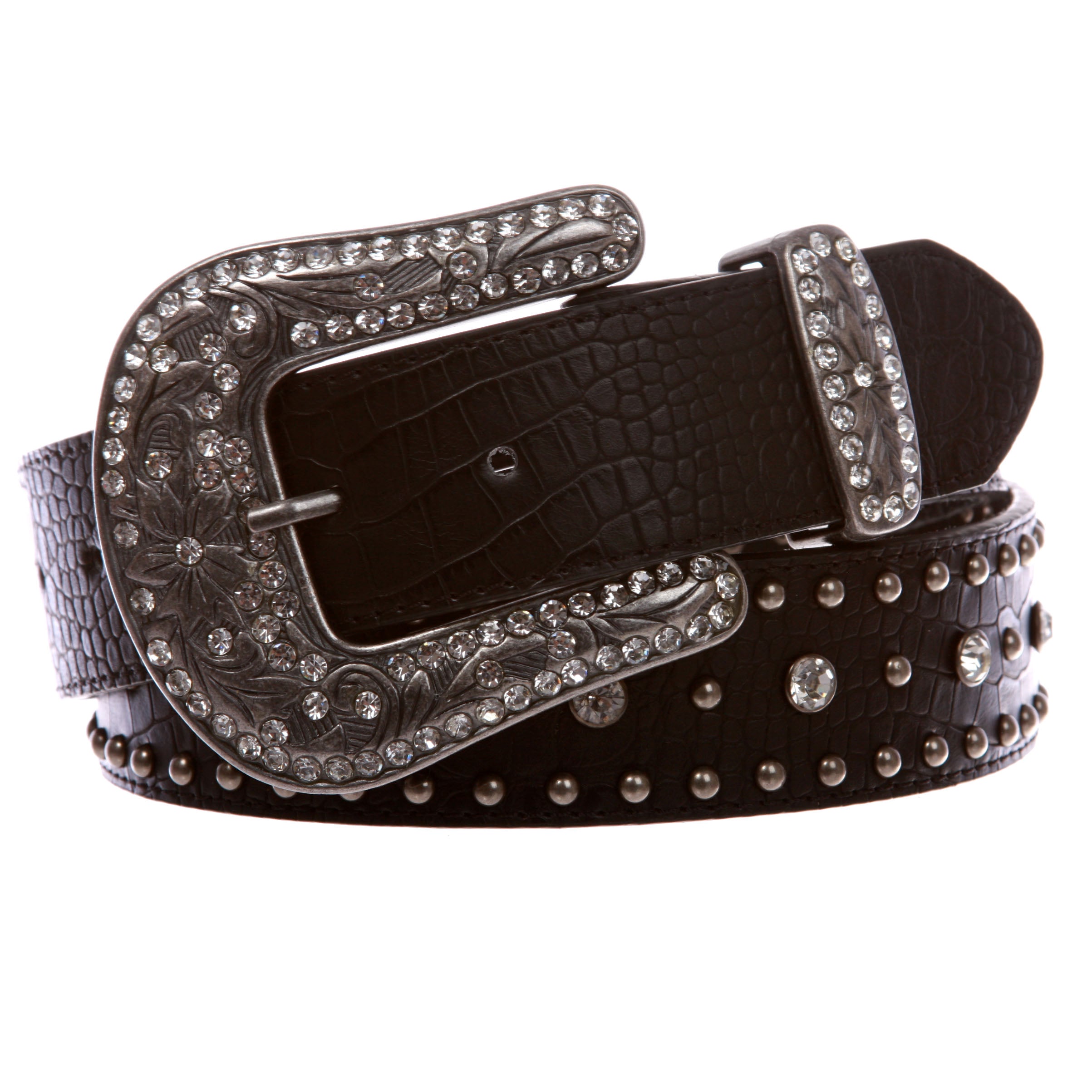 Western Faux Crocodile Print Cross Concho Rhinestone Studded Leather Belt - OnlineBelts