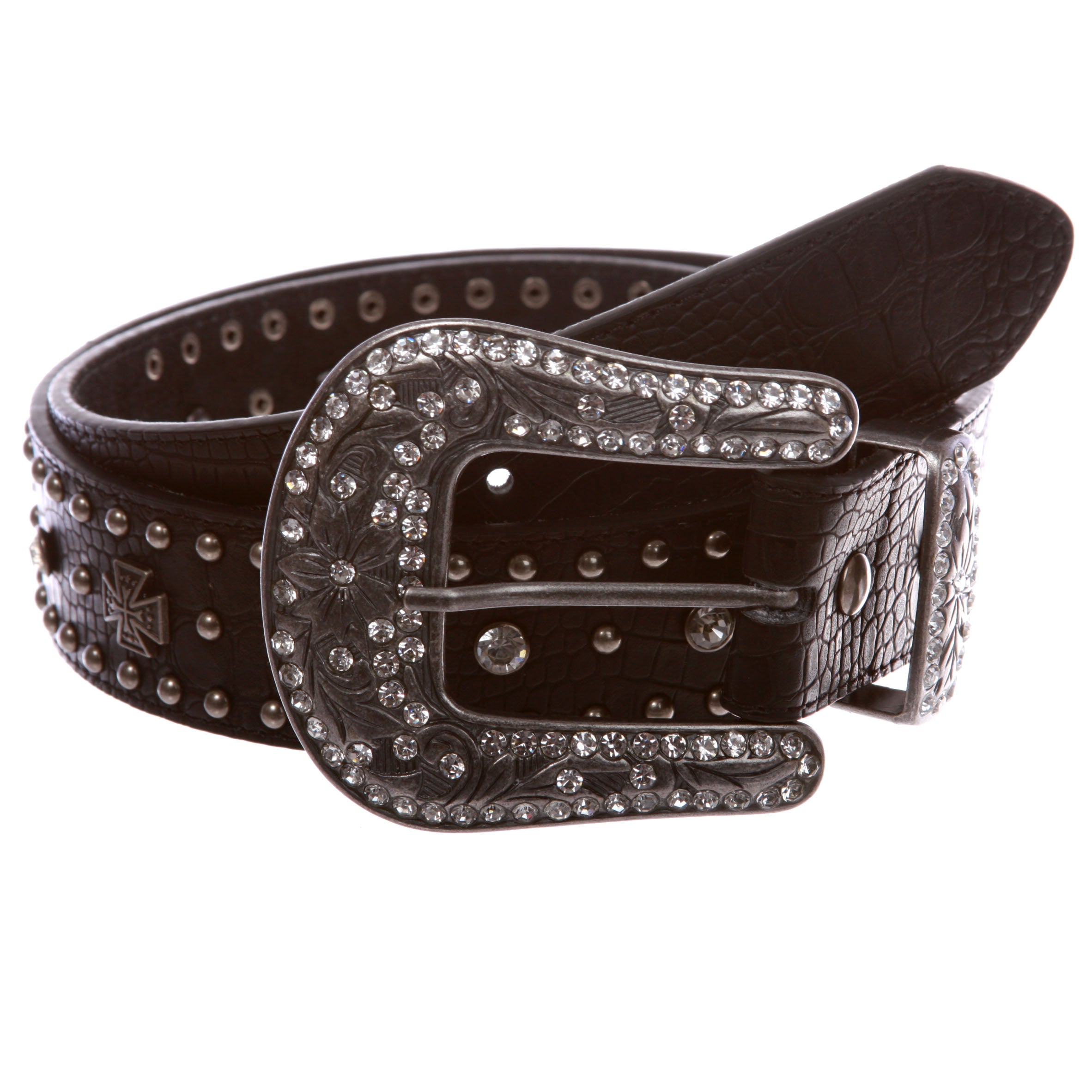 Western Faux Crocodile Print Cross Concho Rhinestone Studded Leather Belt - OnlineBelts