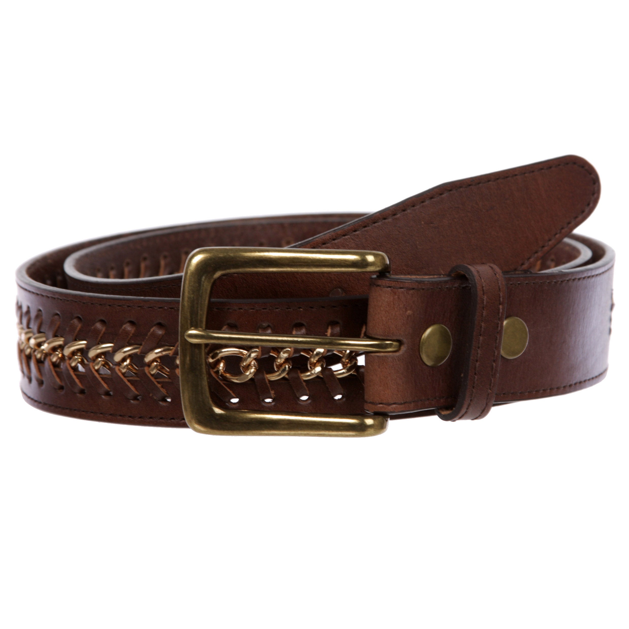 Men's Metal Chain Stitch Edge Cowhide Leather Belt - OnlineBelts
