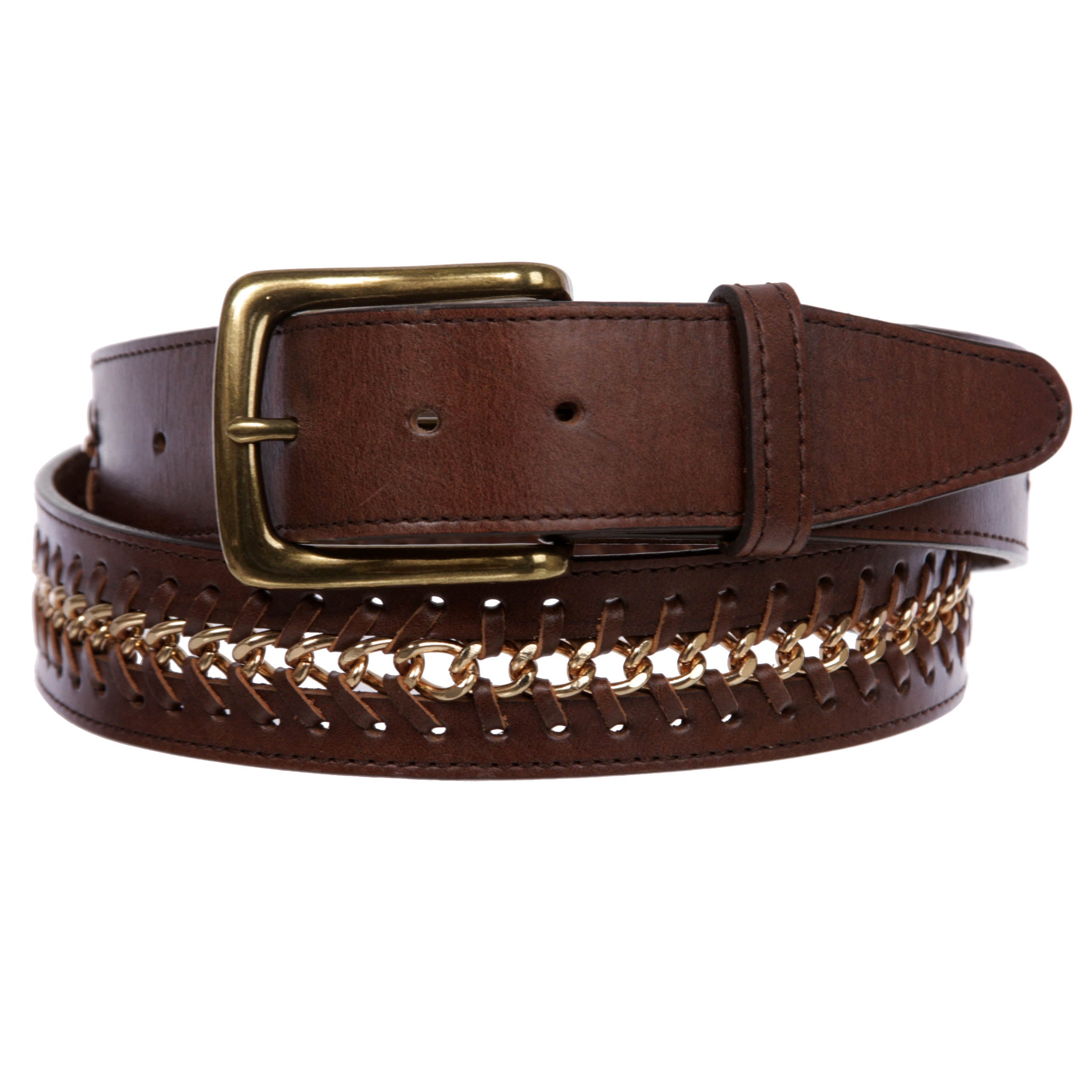 Men's Metal Chain Stitch Edge Cowhide Leather Belt - OnlineBelts