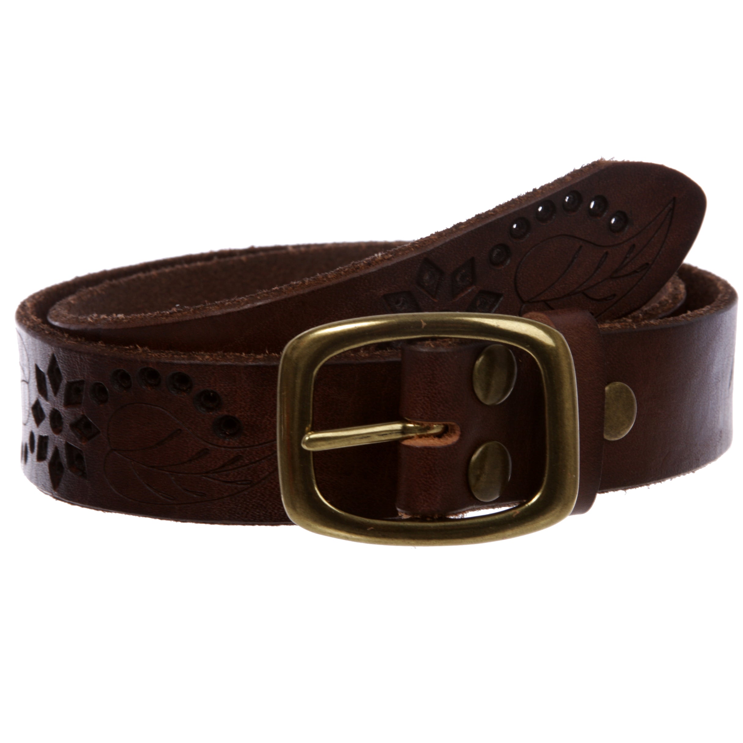 1-1/4" Perforated Oval Embossed Casual Vintage Leather Jean Belt - OnlineBelts