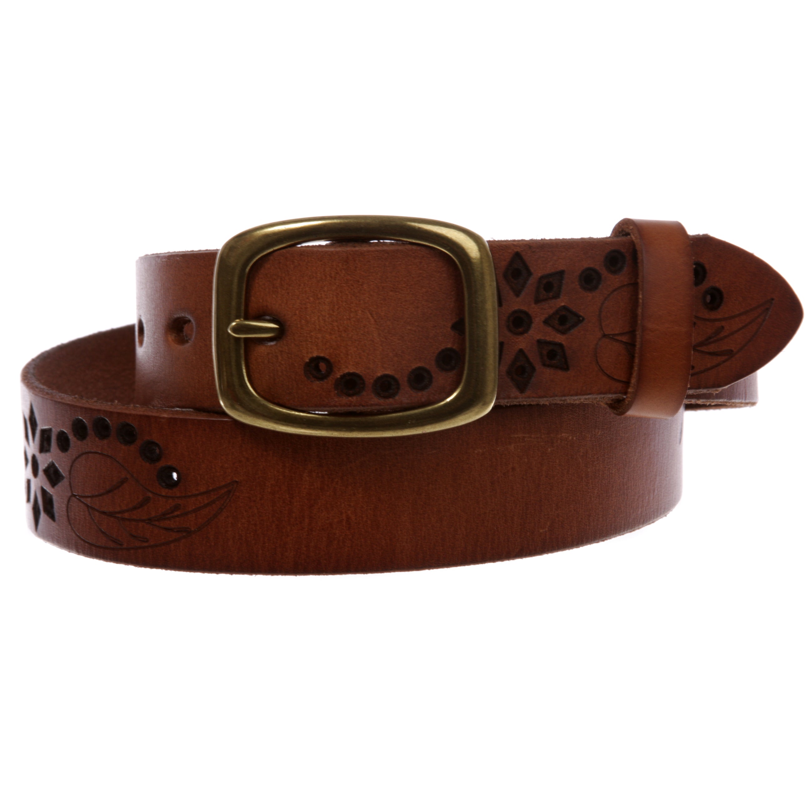 1-1/4" Perforated Oval Embossed Casual Vintage Leather Jean Belt - OnlineBelts