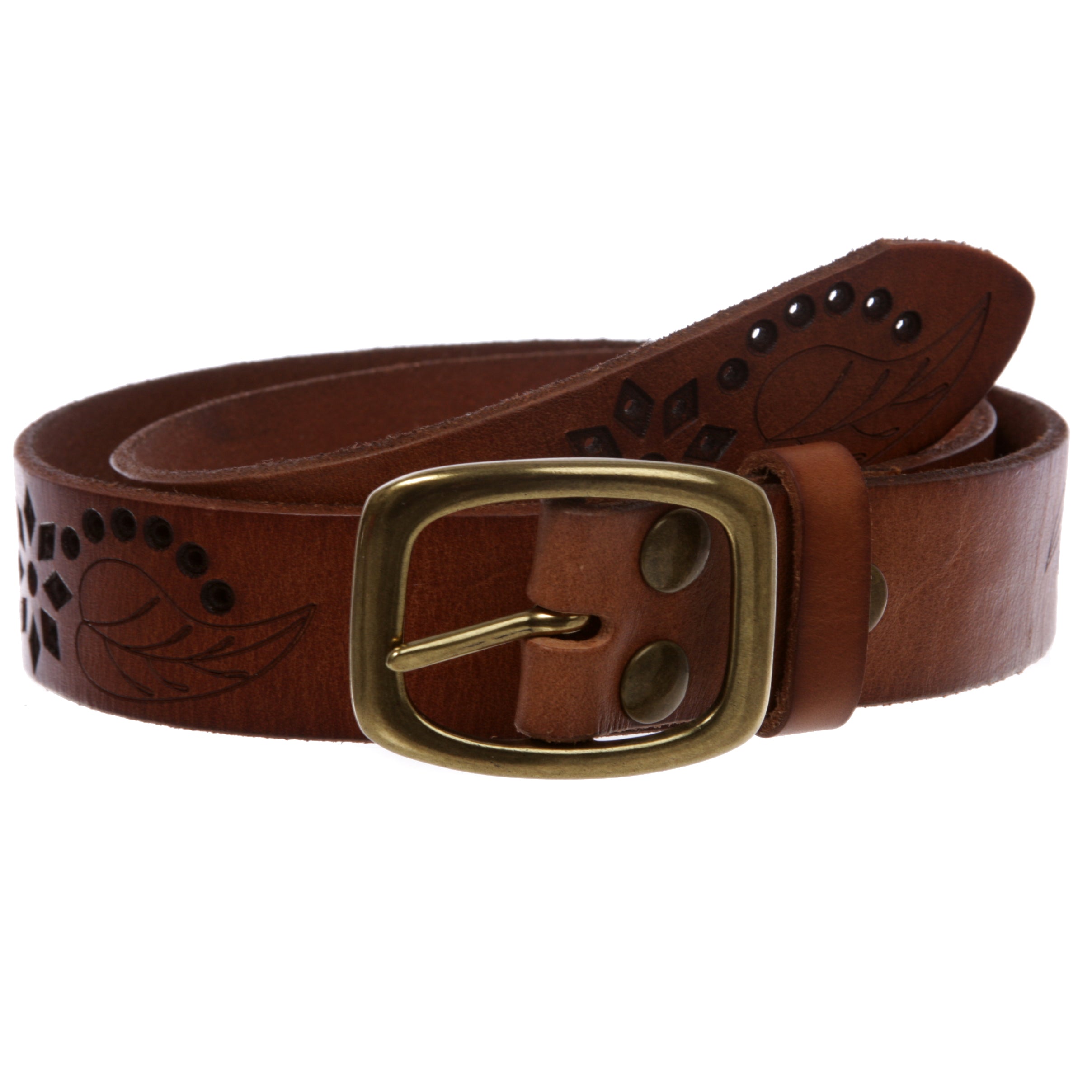 1-1/4" Perforated Oval Embossed Casual Vintage Leather Jean Belt - OnlineBelts