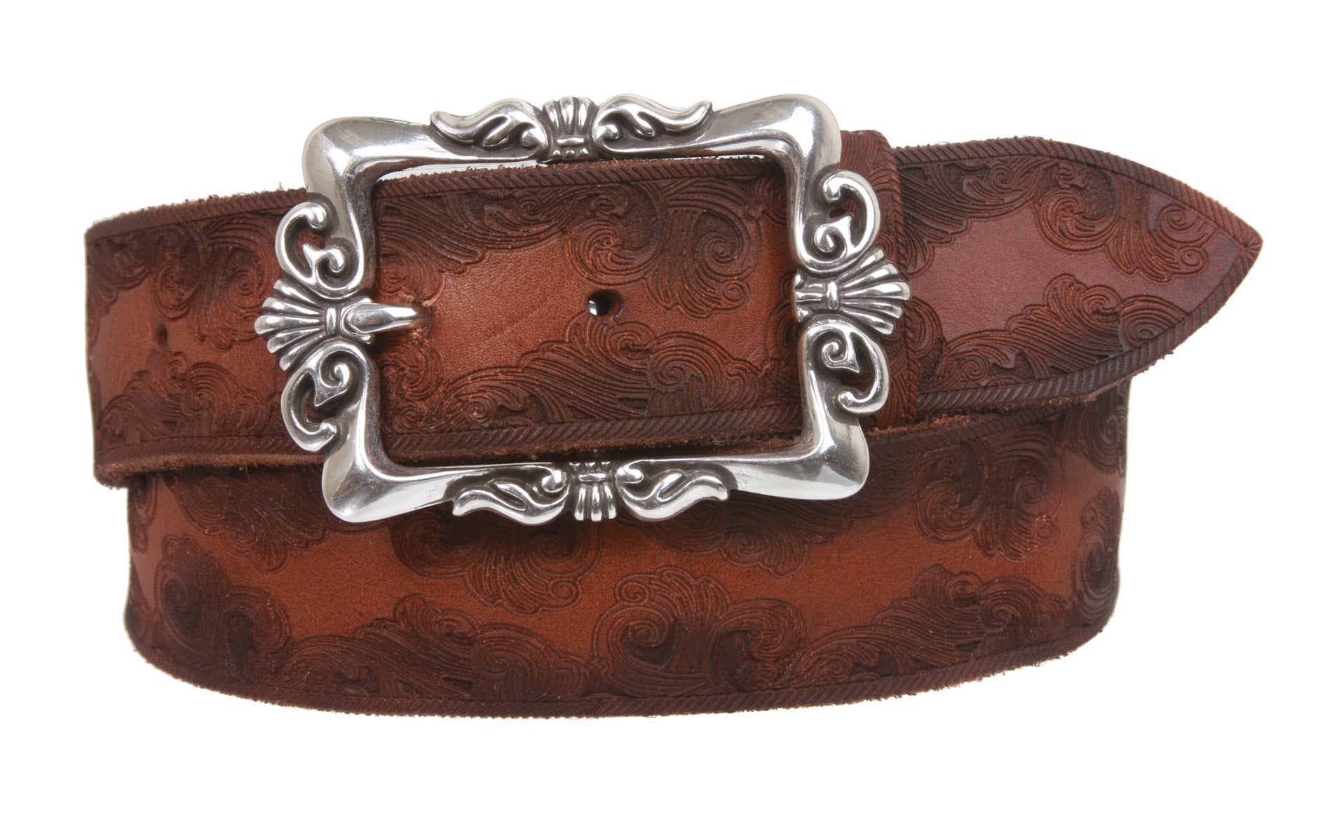 Snap On Soft Hand Floral Embossed Vintage Cowhide Full Grain Leather Casual Belt - OnlineBelts