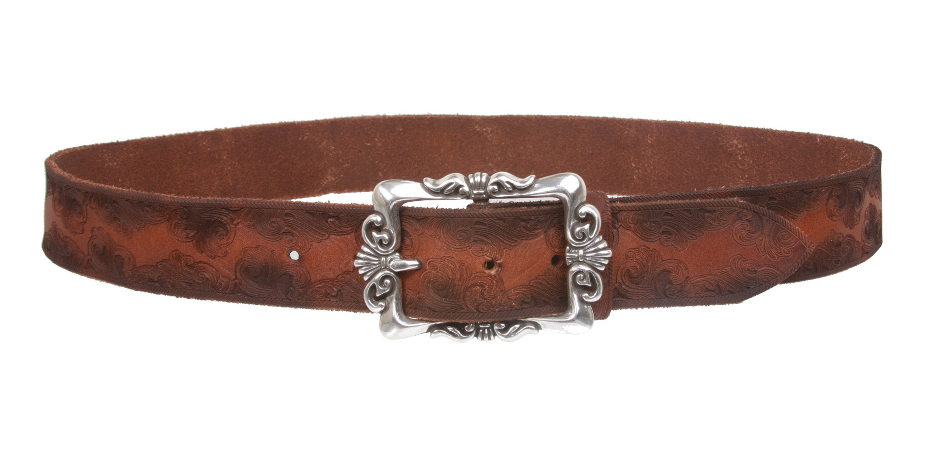 Snap On Soft Hand Floral Embossed Vintage Cowhide Full Grain Leather Casual Belt - OnlineBelts