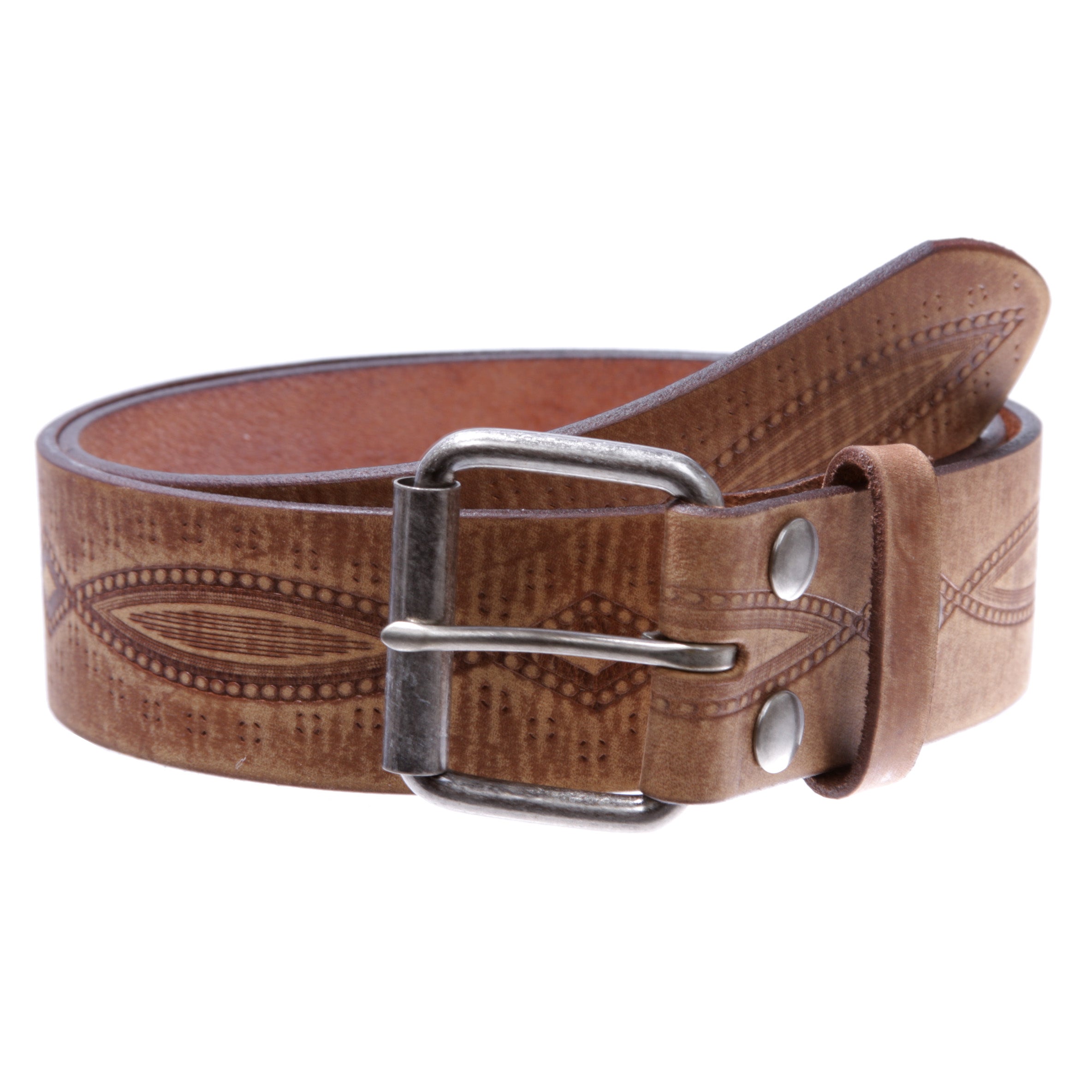 1 3/4" snap on Embossed Vintage Cowhide Thick Leather Casual Jean Belt - OnlineBelts