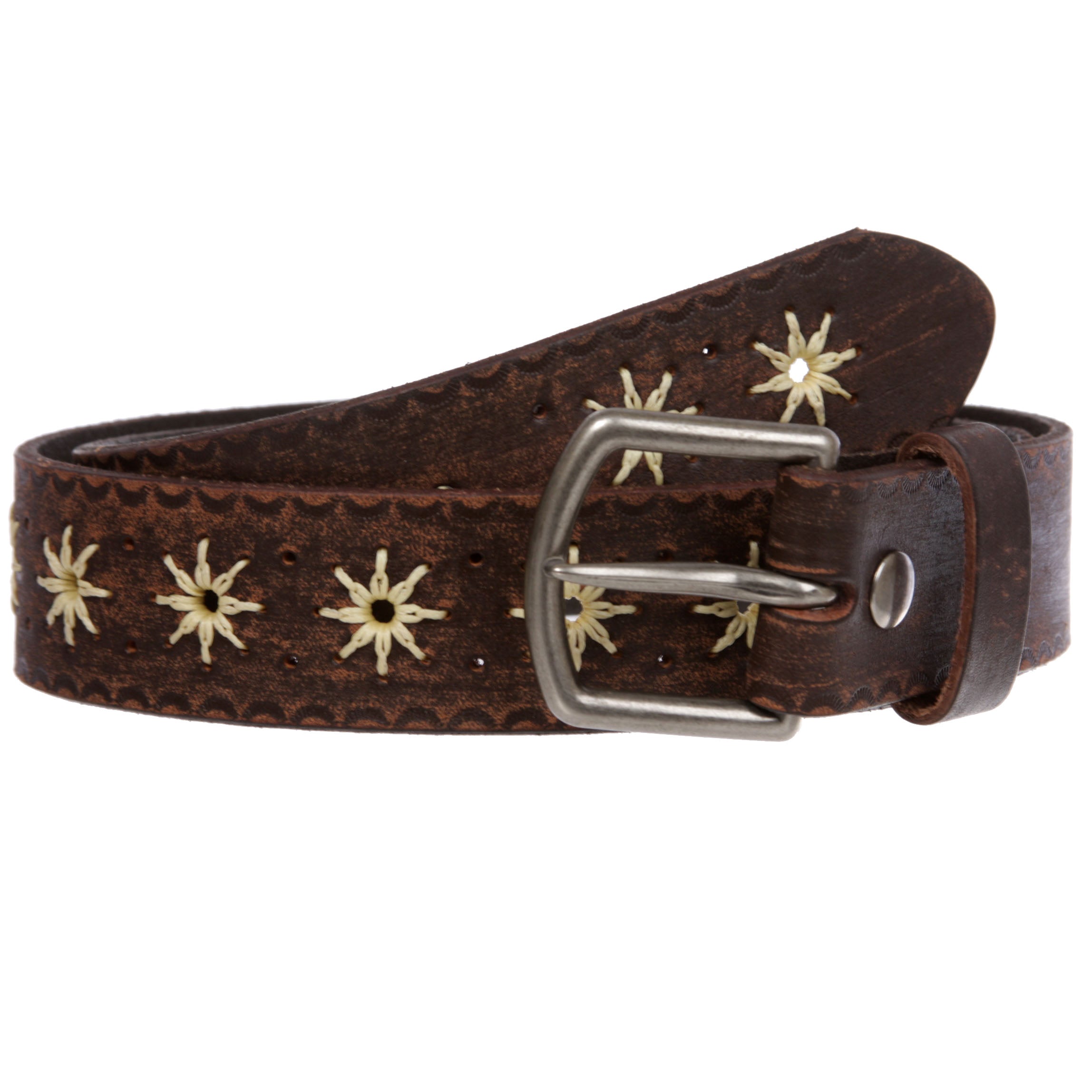 Snap on Embossed Vintage Leather Jean Belt with Interchangeable Antique Silver Buckle
