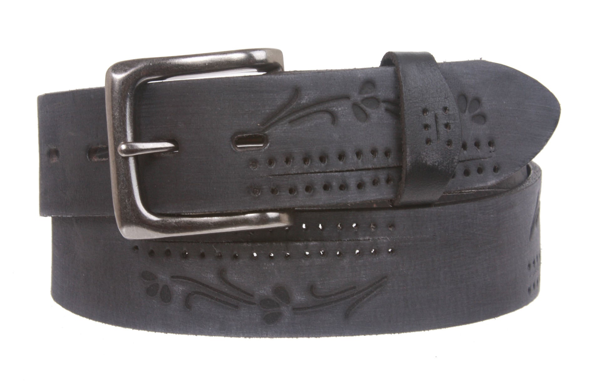 38 mm Snap On Floral Embossed Full Grain Vintage Leather Belt - OnlineBelts