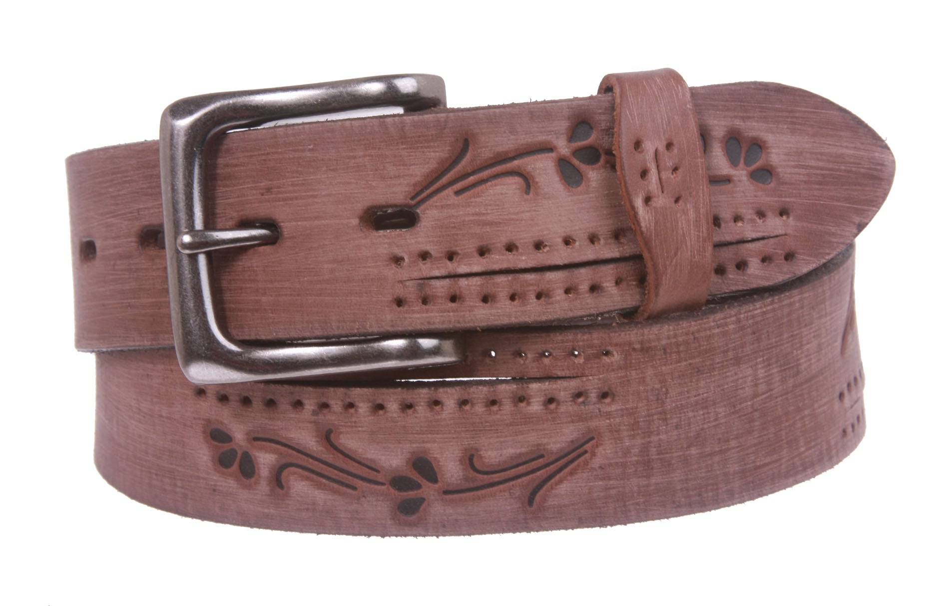 38 mm Snap On Floral Embossed Full Grain Vintage Leather Belt - OnlineBelts