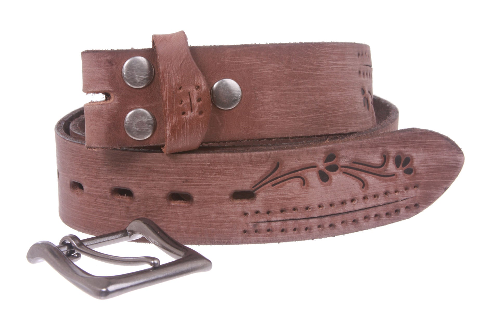 38 mm Snap On Floral Embossed Full Grain Vintage Leather Belt - OnlineBelts