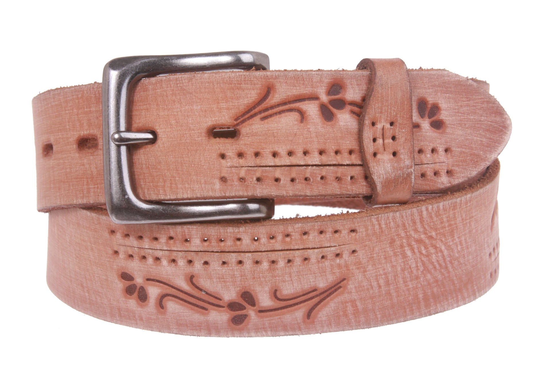 38 mm Snap On Floral Embossed Full Grain Vintage Leather Belt - OnlineBelts