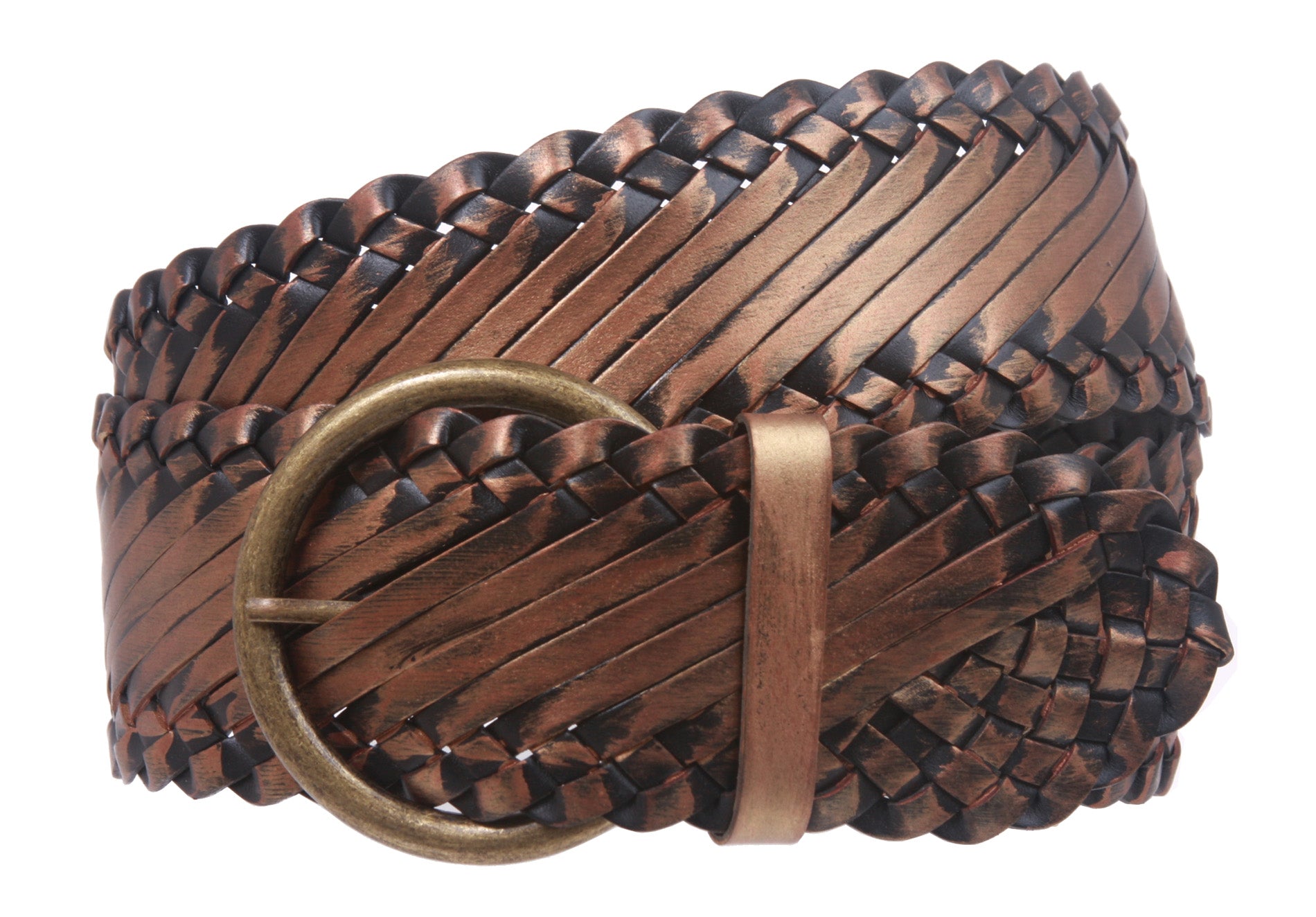 Womens 2 1/4" Metallic Leather Braided Metal Circle Buckle Belt - OnlineBelts