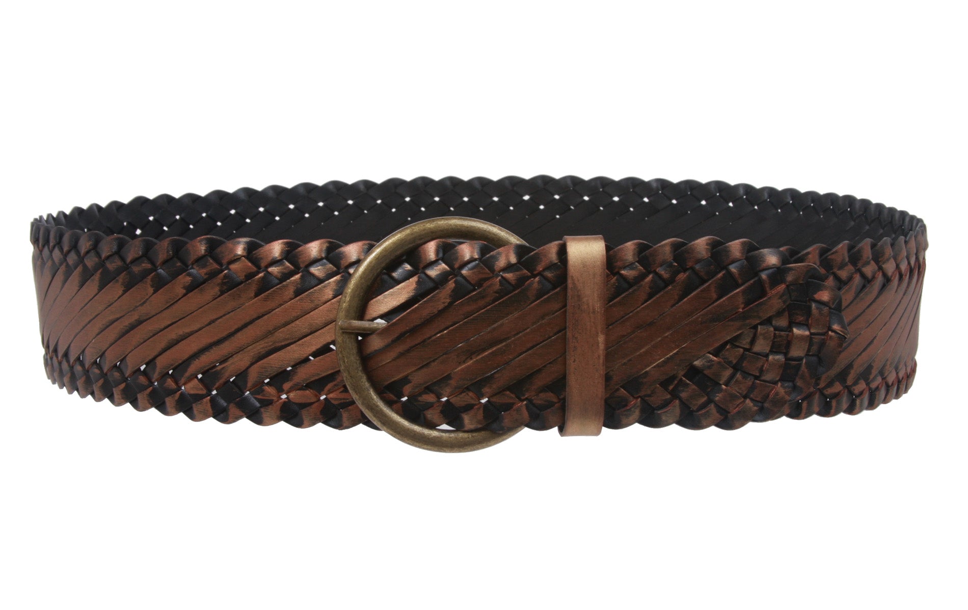 Womens 2 1/4" Metallic Leather Braided Metal Circle Buckle Belt - OnlineBelts
