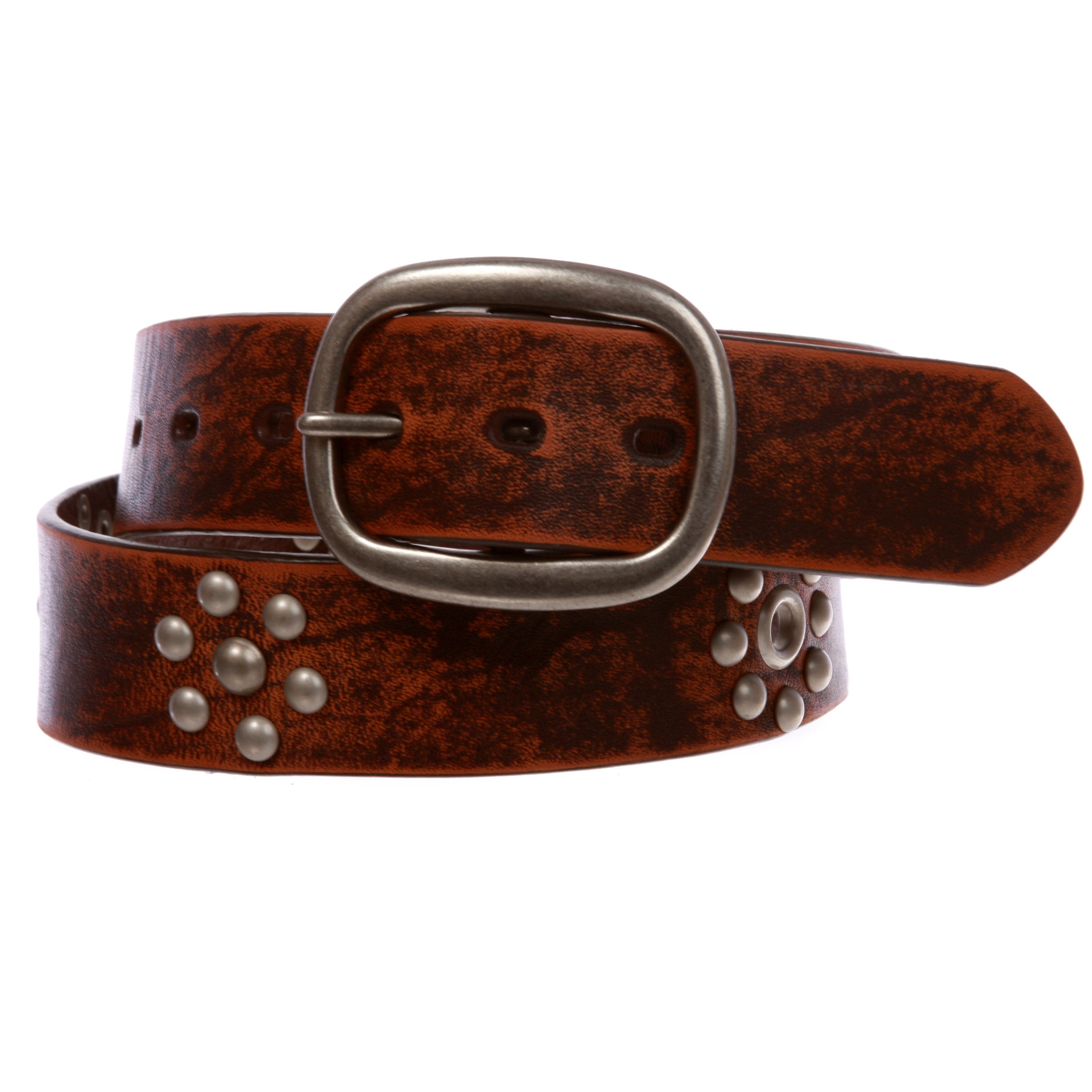 Nail Head Riveted Studs with Grommets Oval Vintage Leather Casual Belt - OnlineBelts