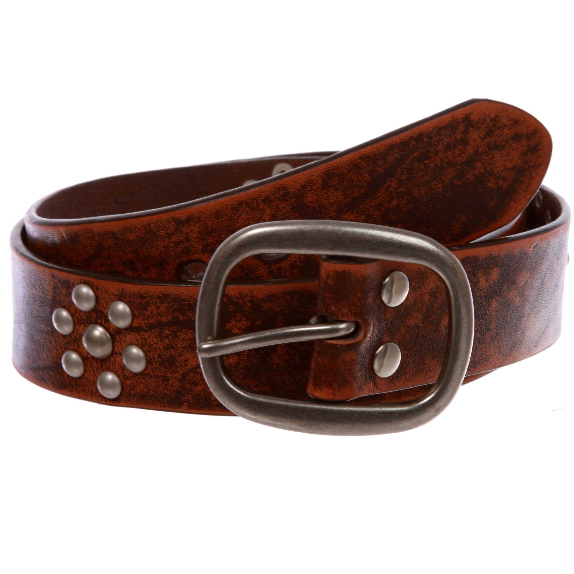 Nail Head Riveted Studs with Grommets Oval Vintage Leather Casual Belt - OnlineBelts