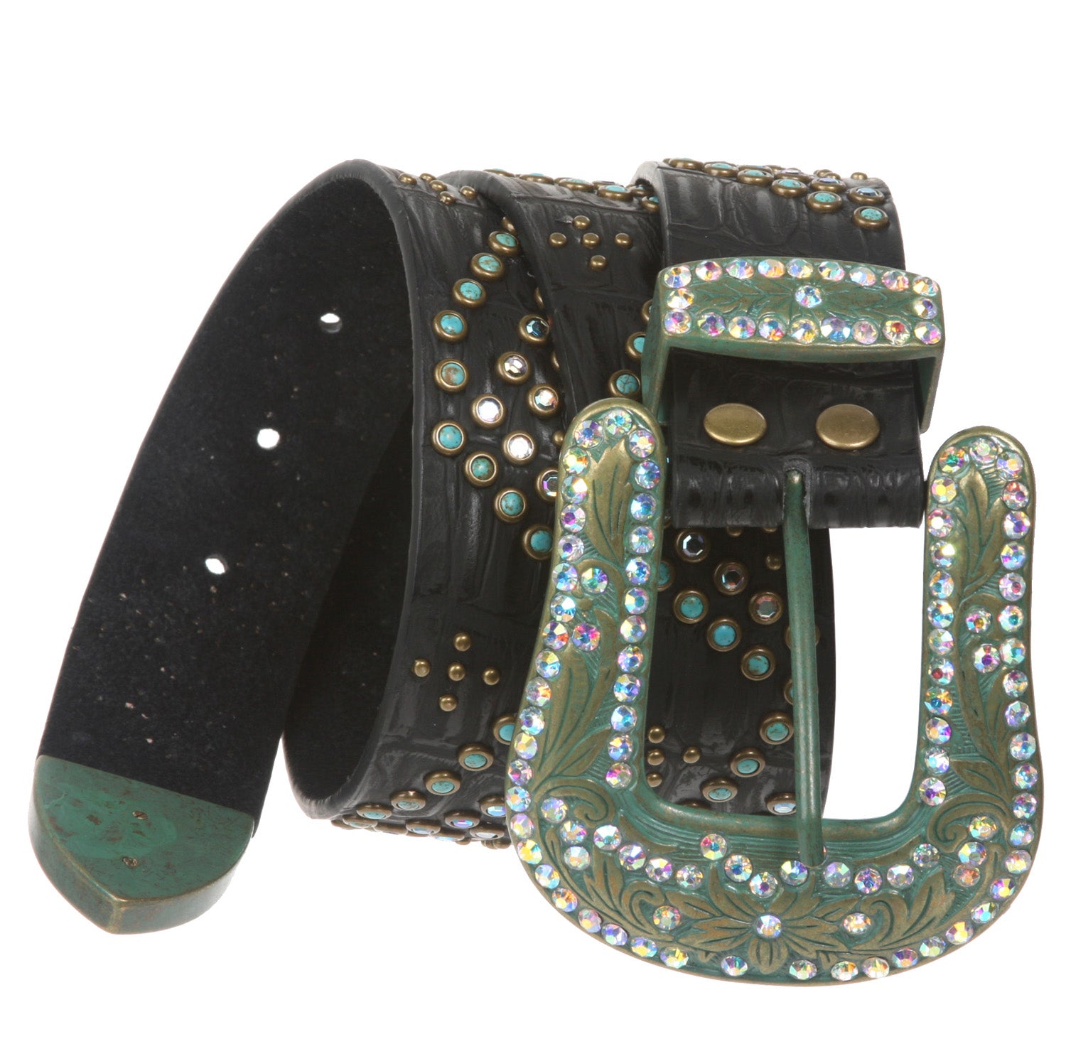 Ladies Western Turquoise Rhinestone Studded Genuine Leather Belt - OnlineBelts