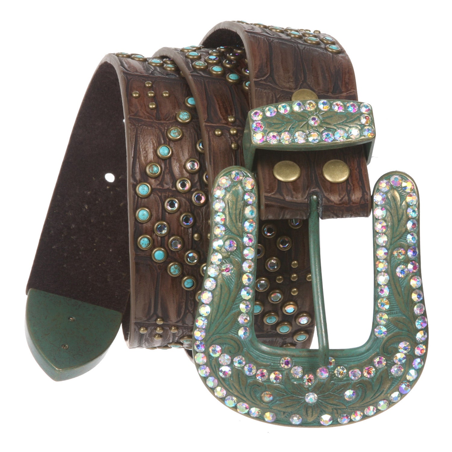 Ladies Western Turquoise Rhinestone Studded Genuine Leather Belt - OnlineBelts