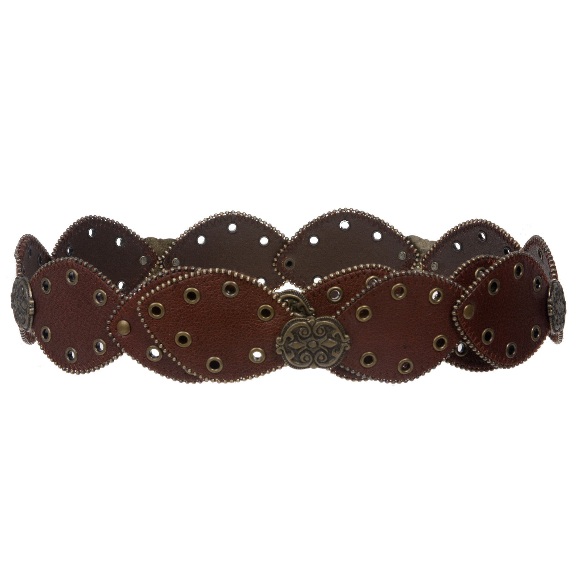 2 1/2" (60 mm) Wide Boho Oval Disc Concho Grommet Leather Link Belt - OnlineBelts