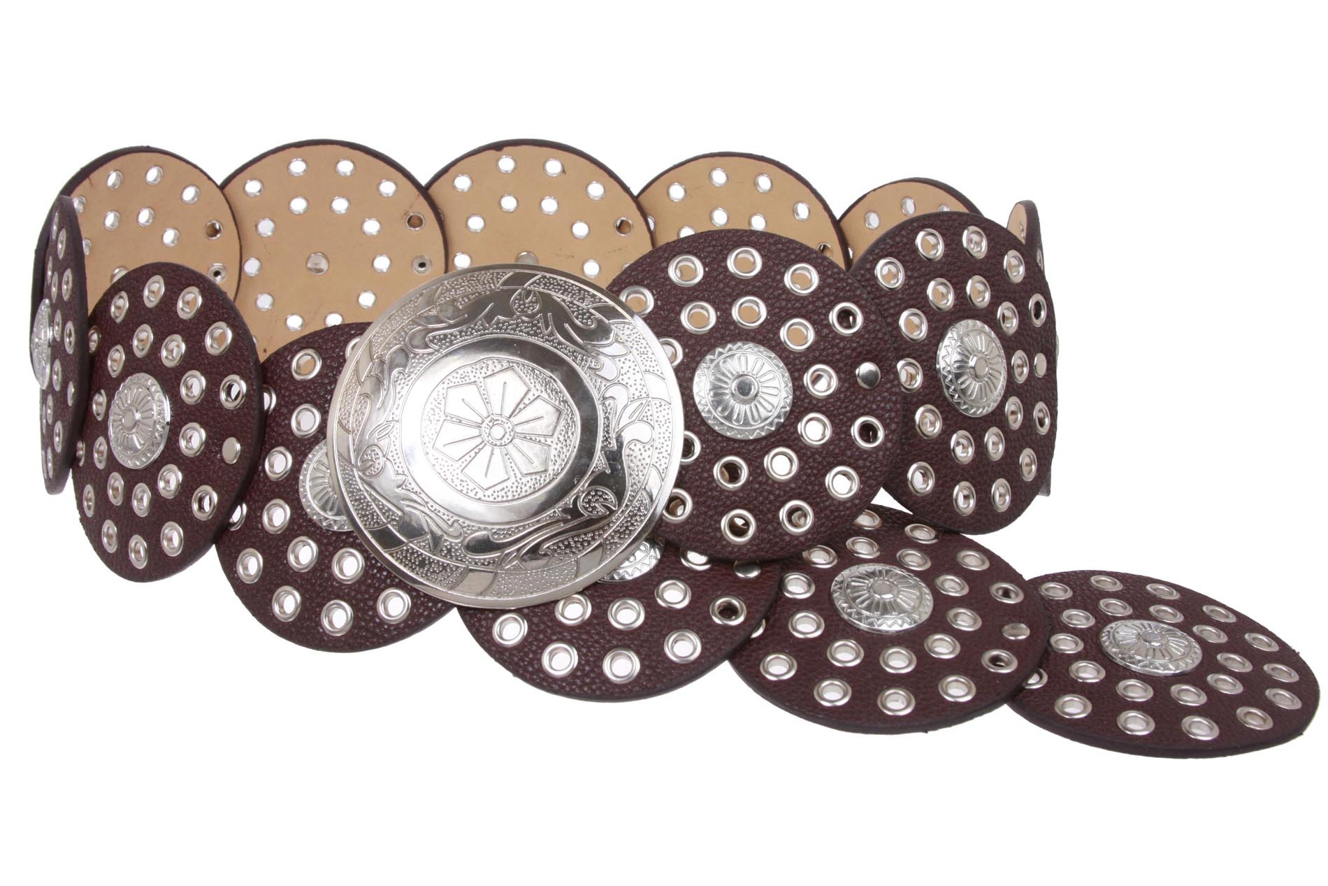 Women's 3 1/2" (90 mm) Wide Boho Disc Concho Leather Belt - OnlineBelts