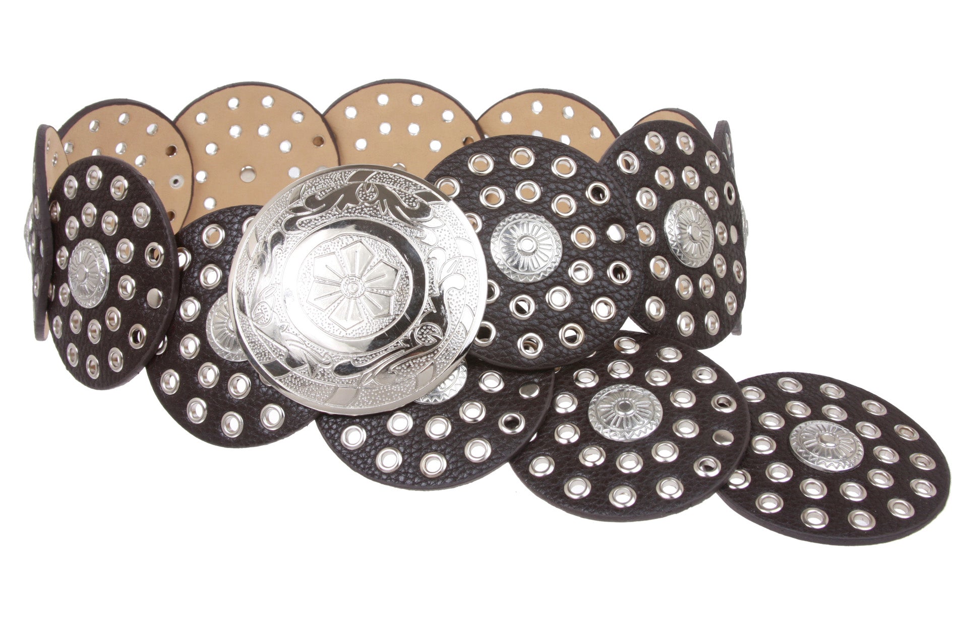 Women's 3 1/2" (90 mm) Wide Boho Disc Concho Leather Belt - OnlineBelts