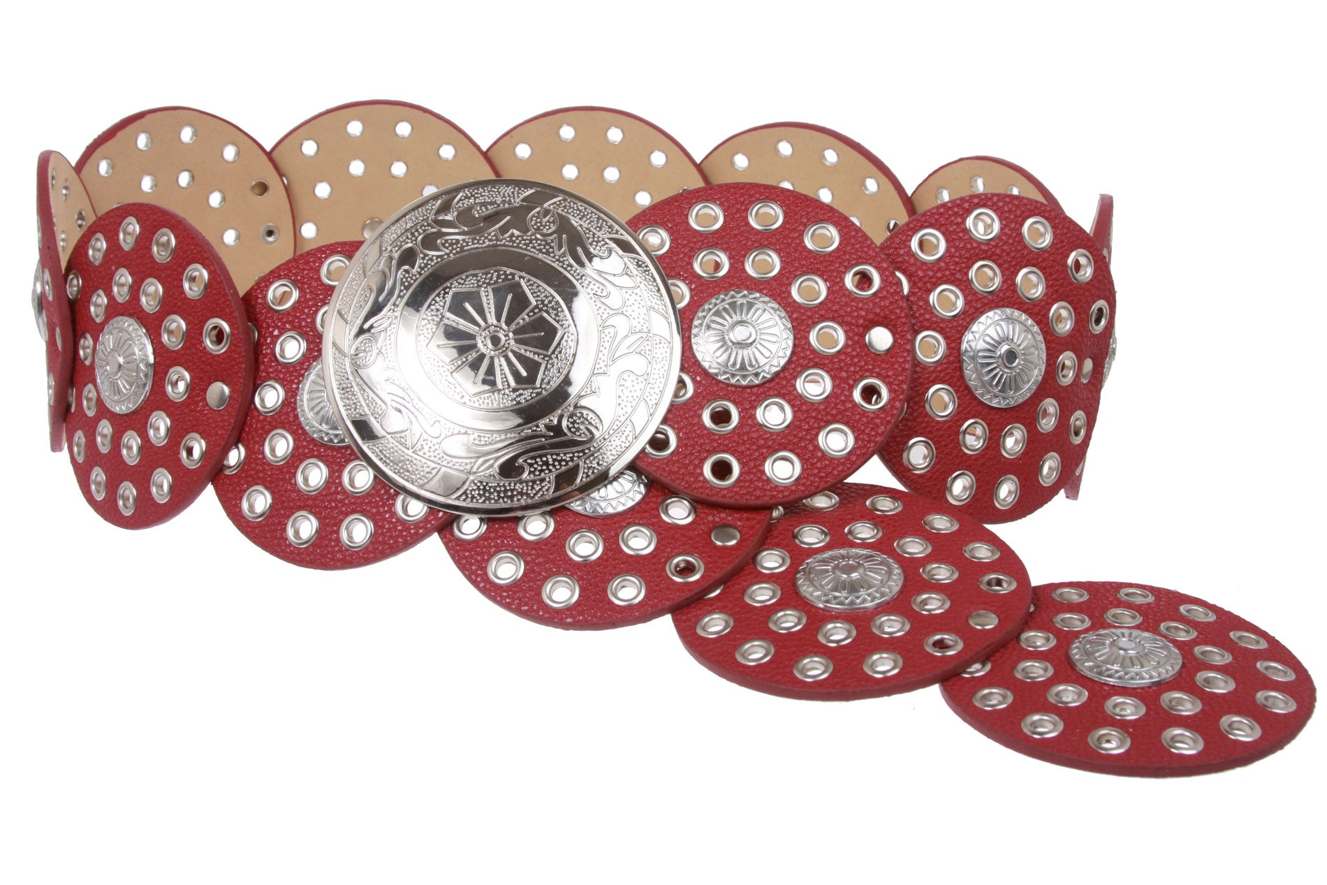 Women's 3 1/2" (90 mm) Wide Boho Disc Concho Leather Belt - OnlineBelts