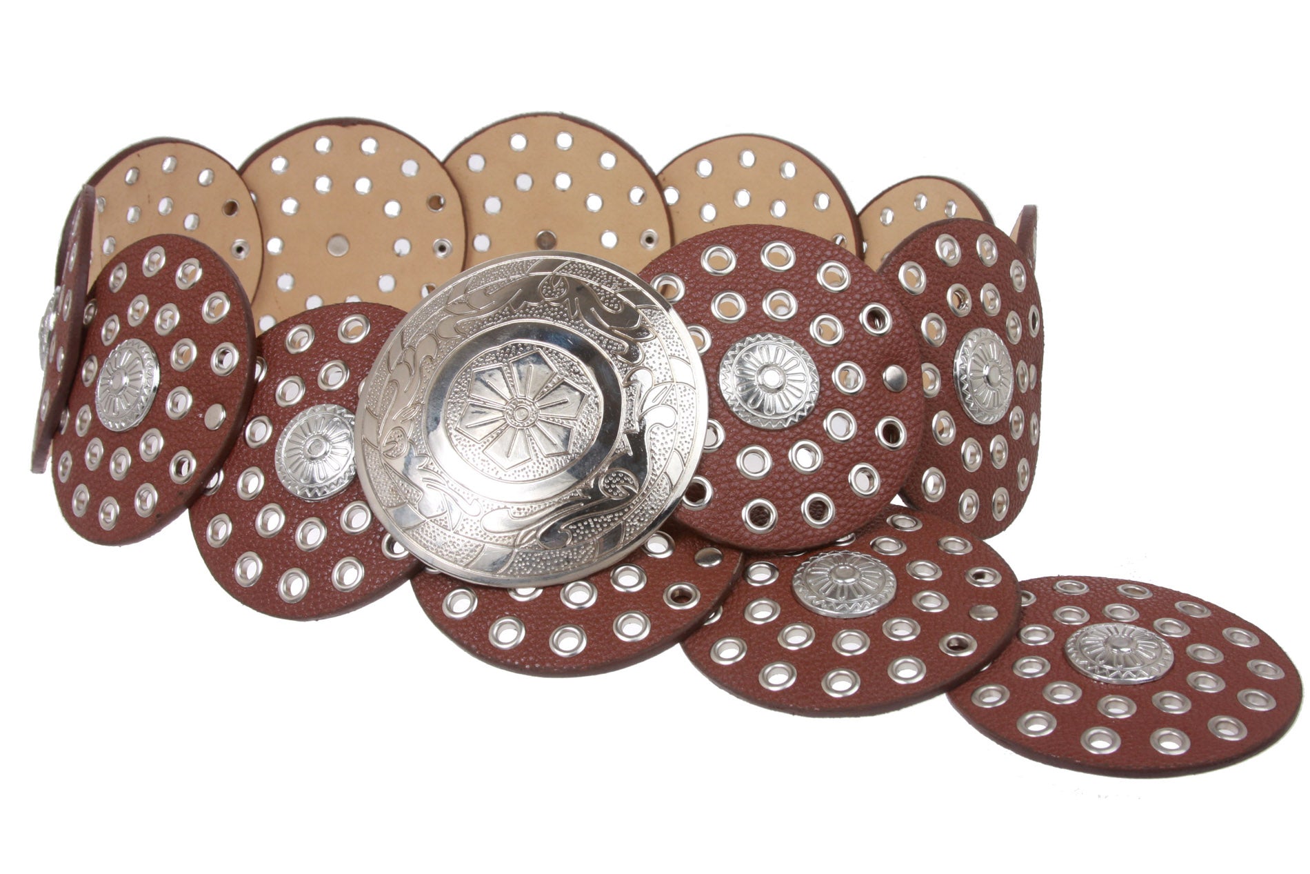 Women's 3 1/2" (90 mm) Wide Boho Disc Concho Leather Belt - OnlineBelts