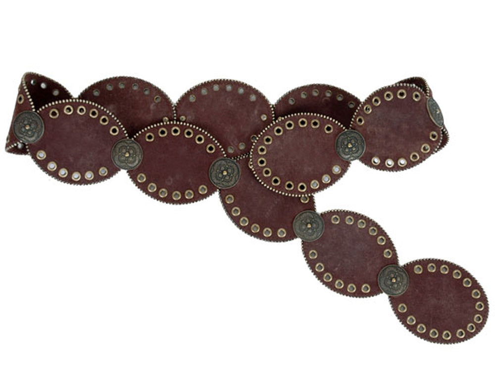 Concho and Grommets Suede Leather Oval Disc Belt with Tiny Metal Ball Chain - OnlineBelts
