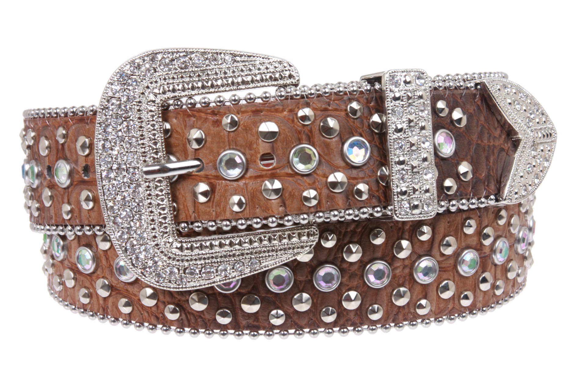 Snap On Western Cowgirl Alligator Rhinestone Studded Leather Belt - OnlineBelts
