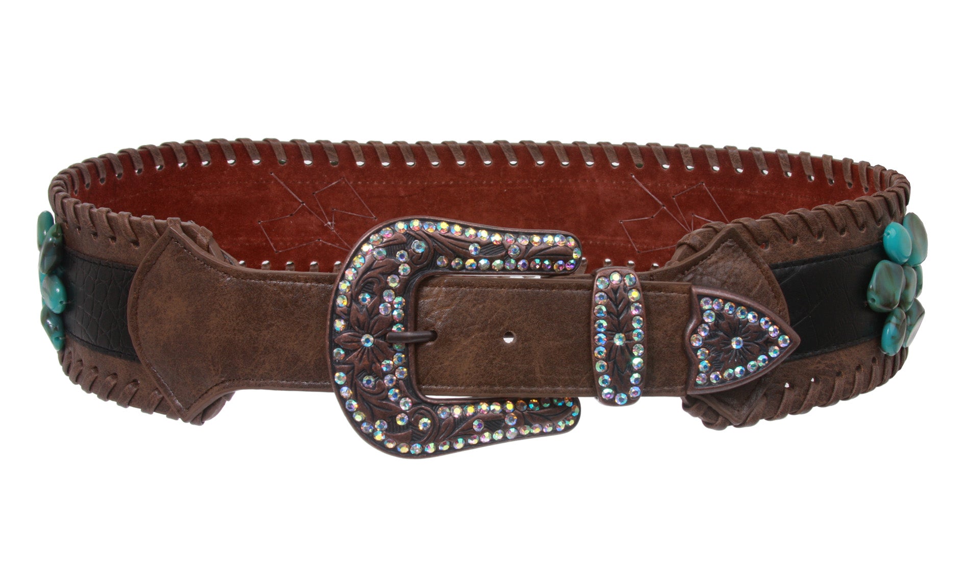 3" Wide Western Contoured Laced Alligator Cowgirl Rhinestone Turquoise Leather Belt