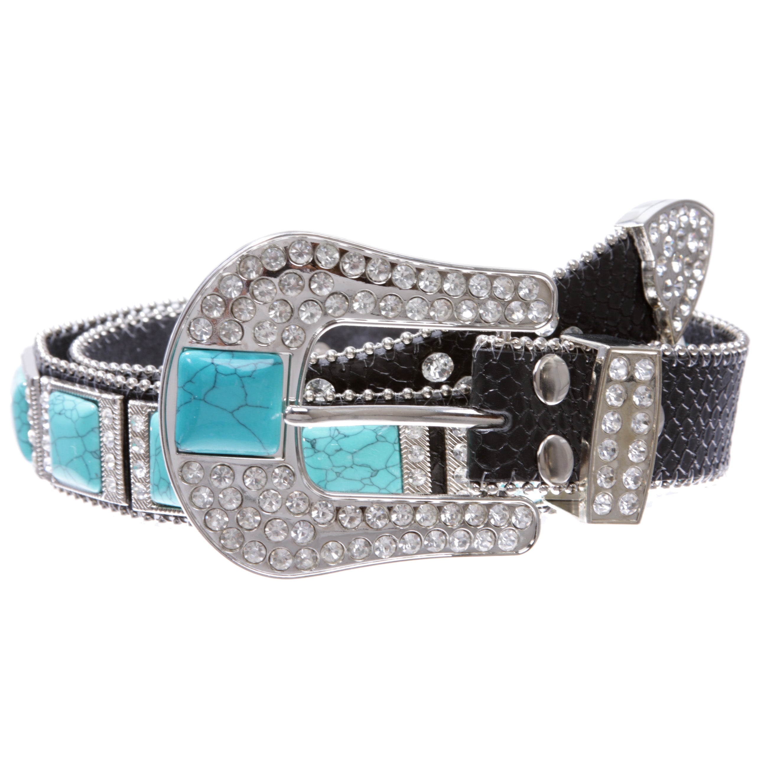 Cowboy Cowgirl Western Rhinestone Leather Belt with Big Turquoise Stone Concho - OnlineBelts