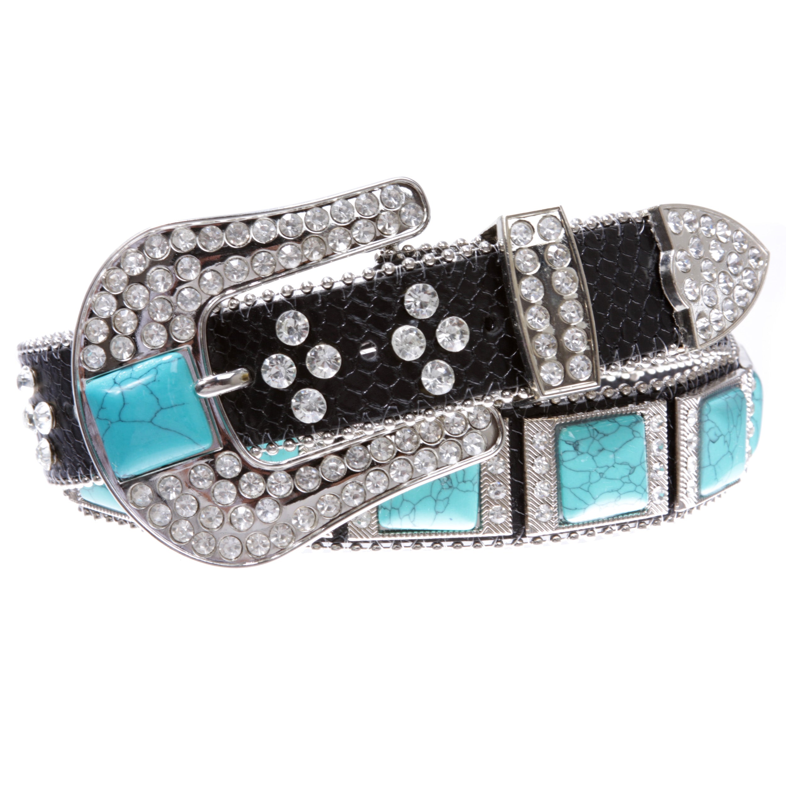 Cowboy Cowgirl Western Rhinestone Leather Belt with Big Turquoise Stone Concho - OnlineBelts