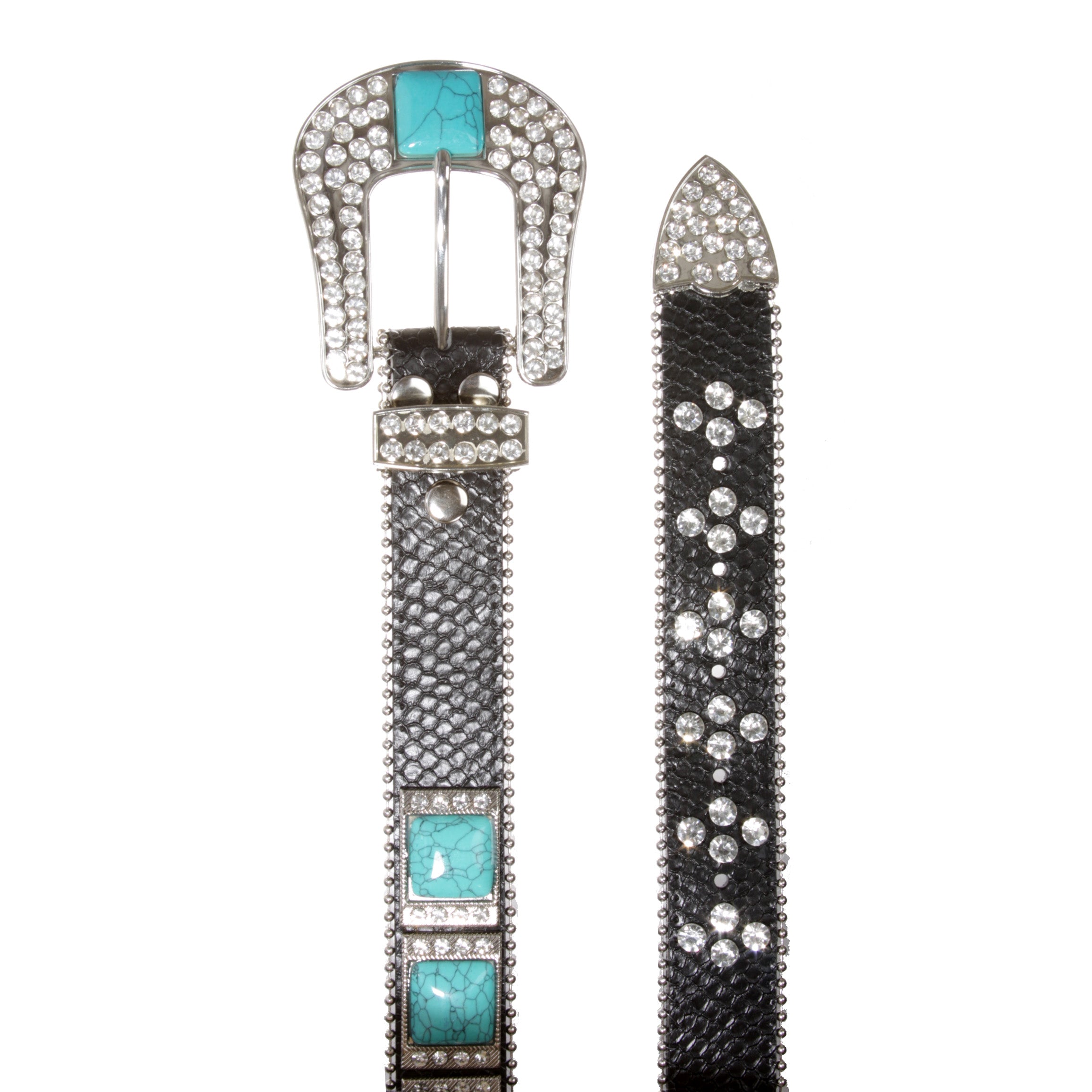 Cowboy Cowgirl Western Rhinestone Leather Belt with Big Turquoise Stone Concho - OnlineBelts