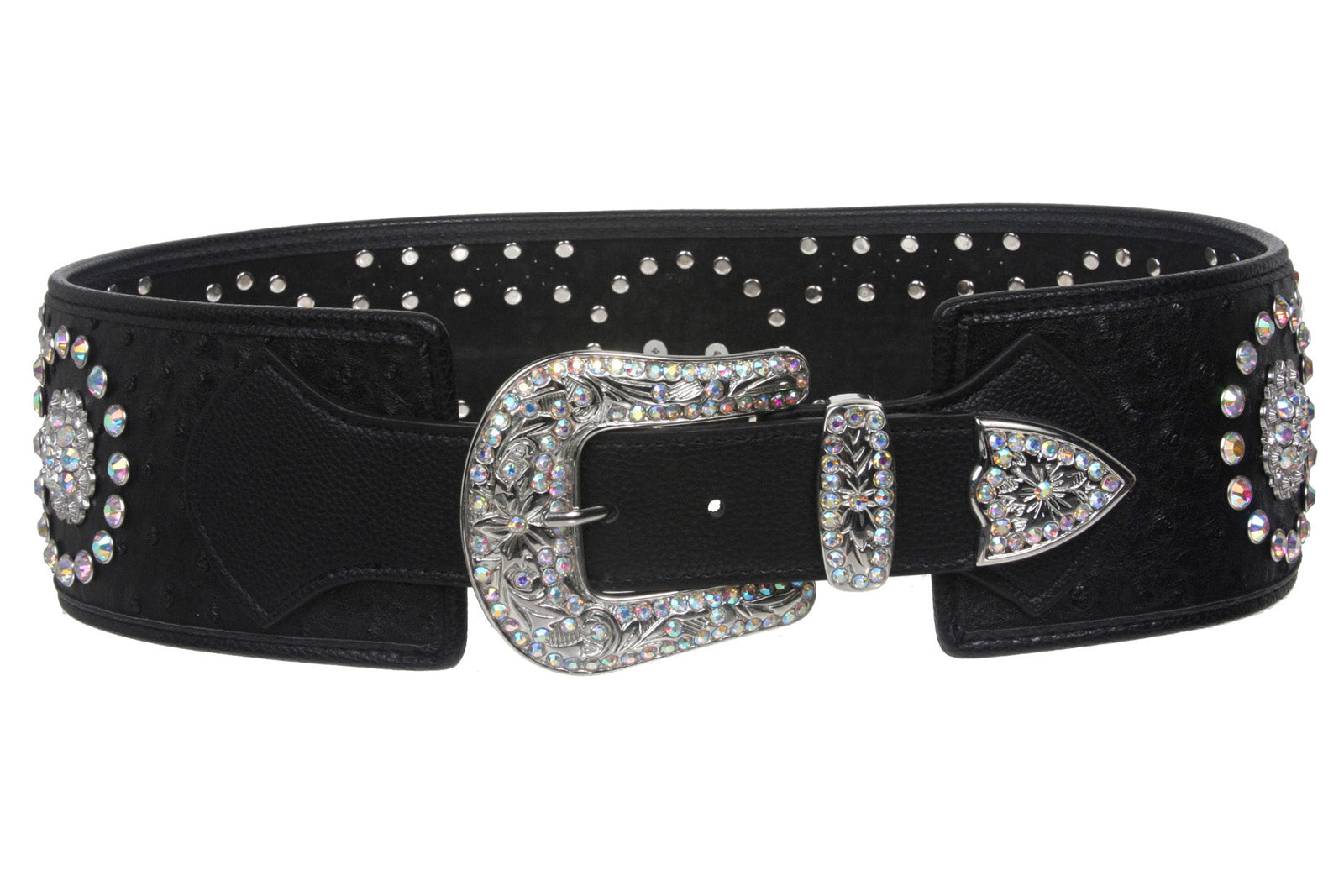 Women's Wide Contour High Waist Faux Ostrich Print Western Rhinestone Belt - OnlineBelts