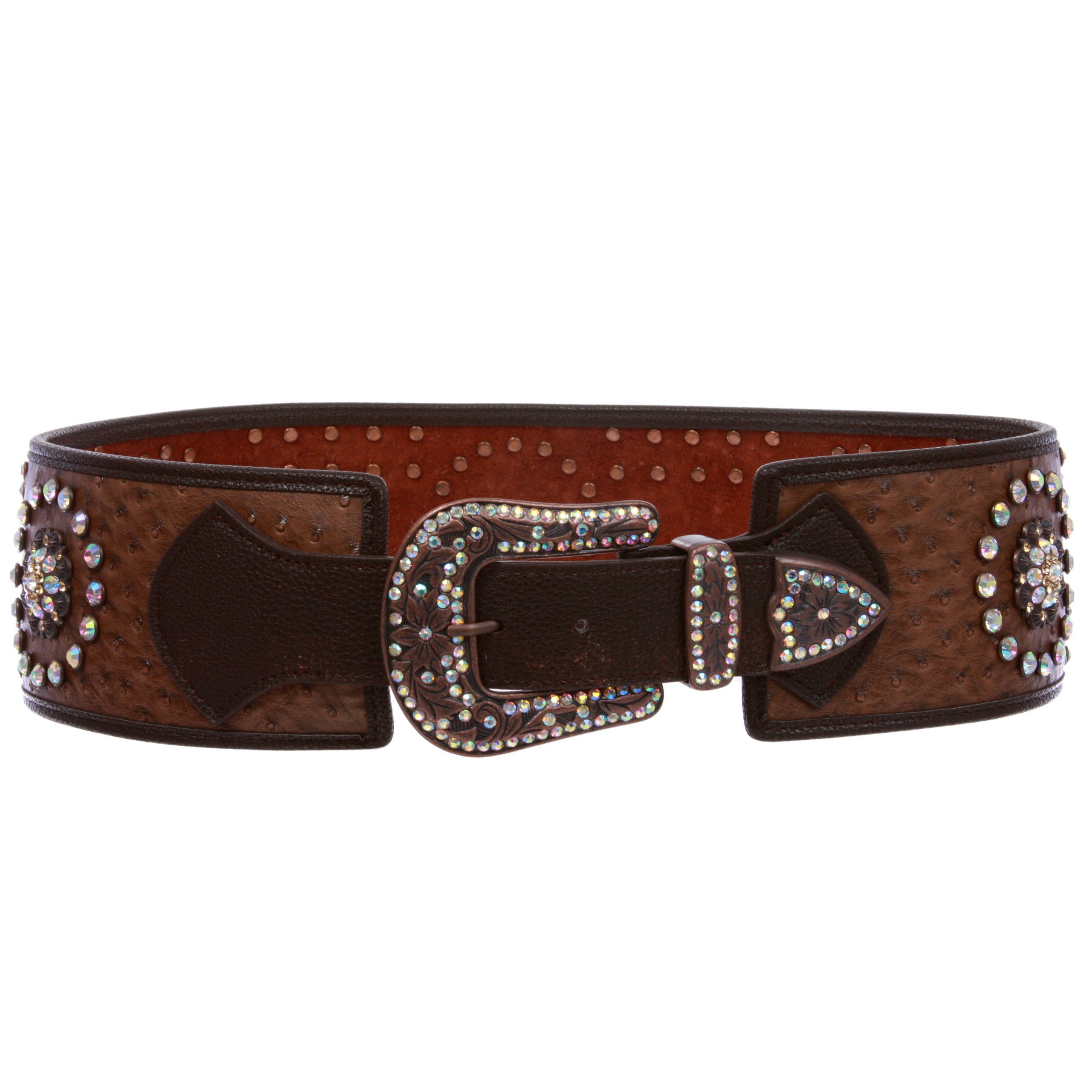 Women's Wide Contour High Waist Faux Ostrich Print Western Rhinestone Belt - OnlineBelts