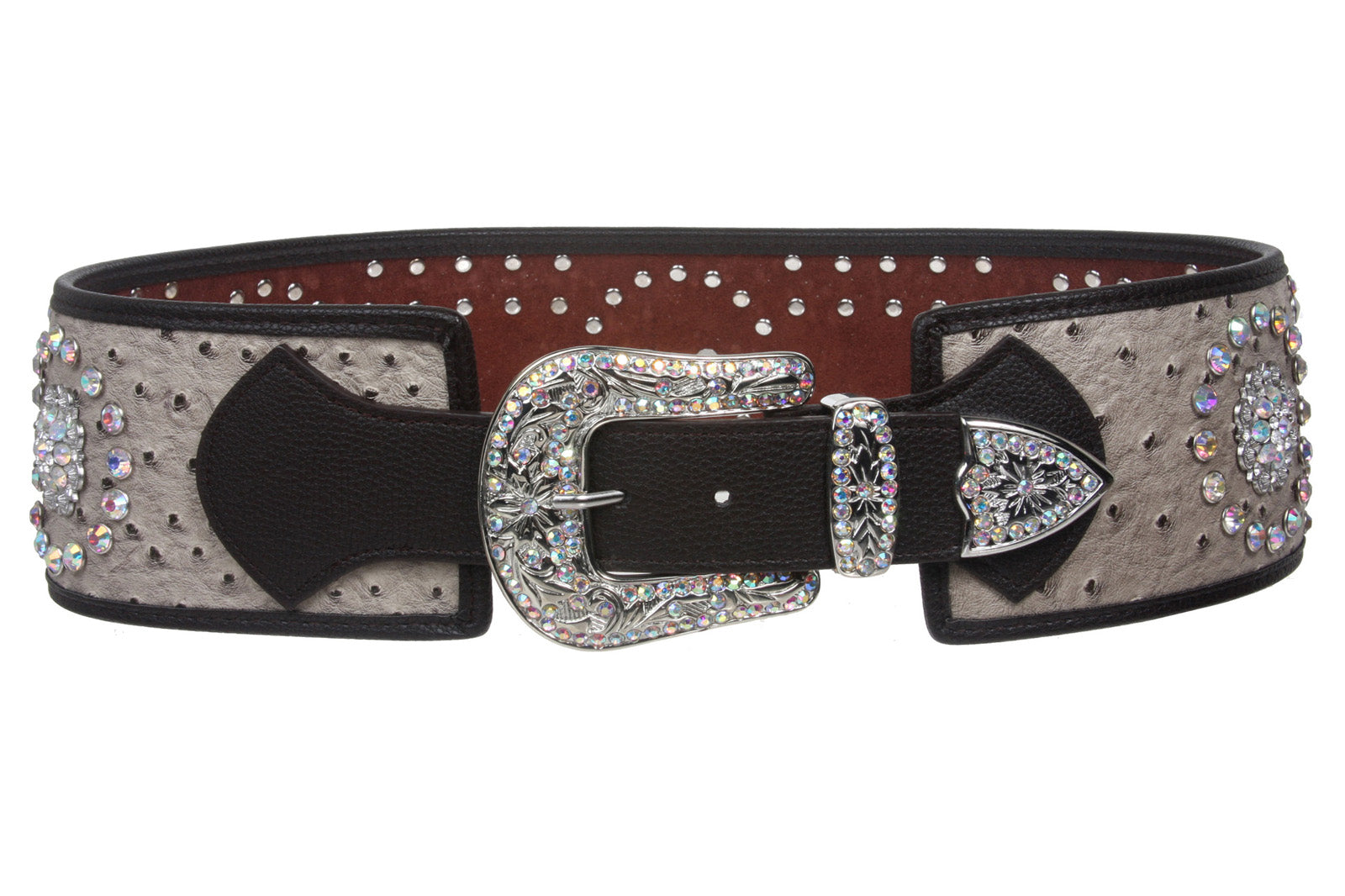 Women's Wide Contour High Waist Faux Ostrich Print Western Rhinestone Belt - OnlineBelts