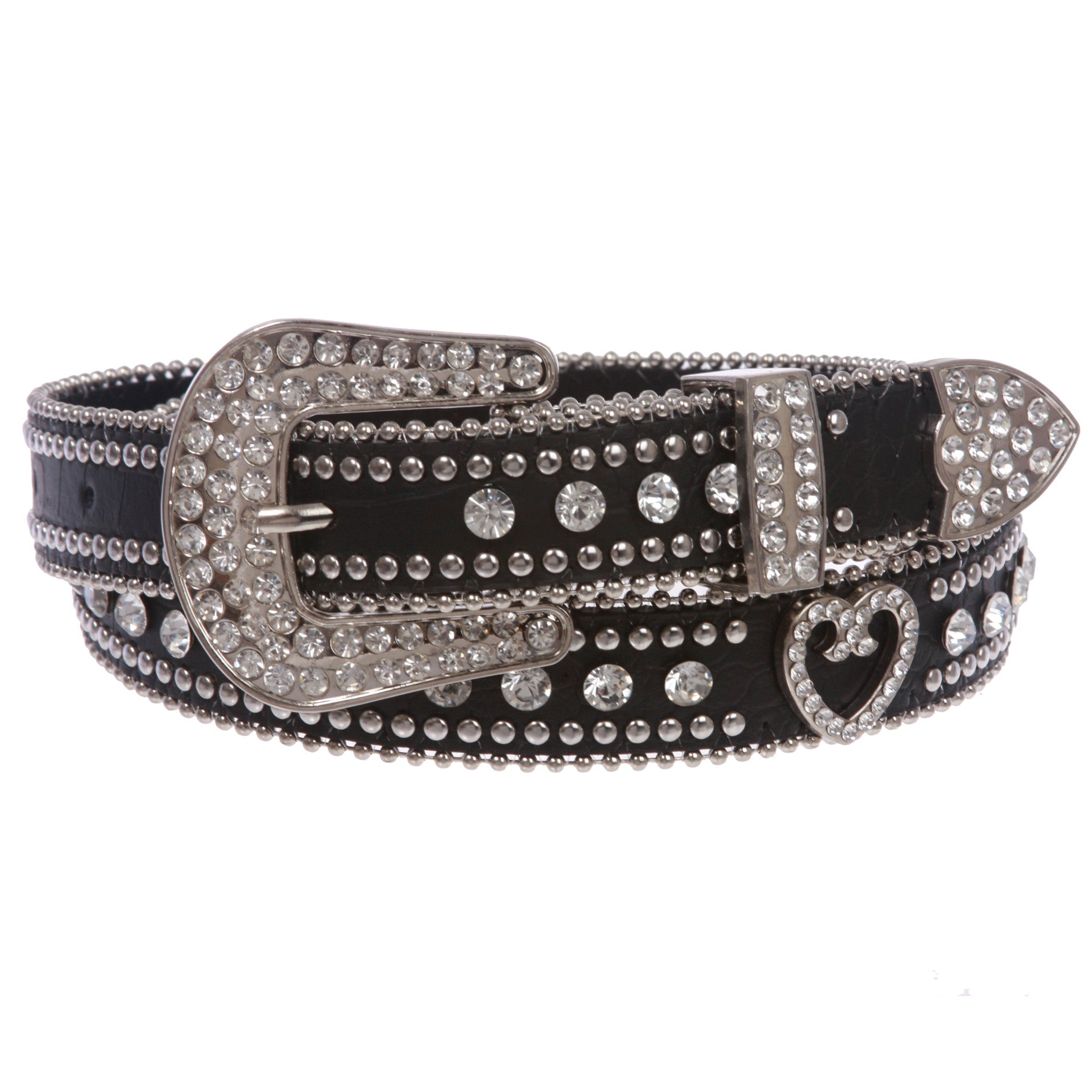 Women's Skinny Western Faux Crocodile Rhinestone Studs Heart Concho Leather Belt - OnlineBelts