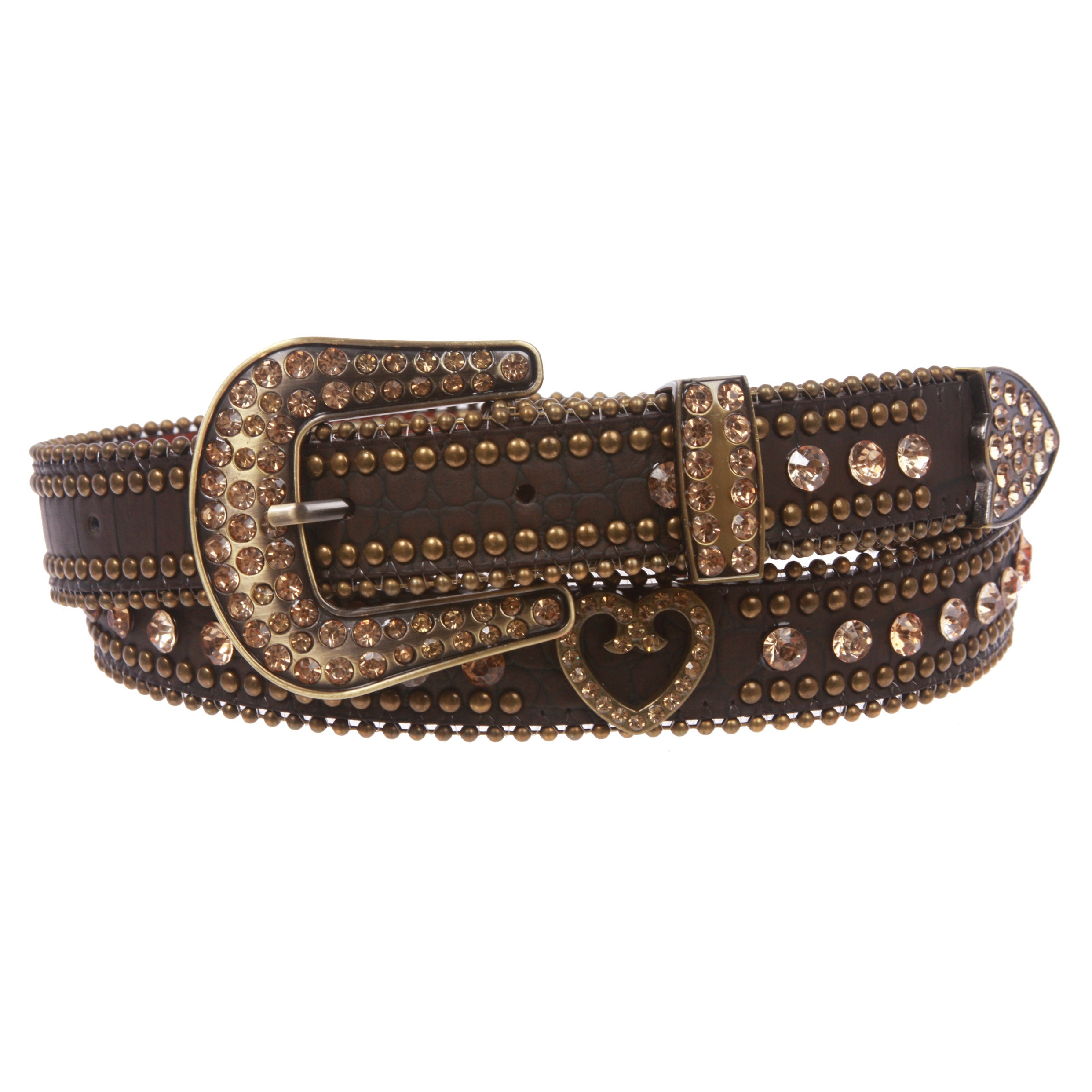 Women's Skinny Western Faux Crocodile Rhinestone Studs Heart Concho Leather Belt - OnlineBelts