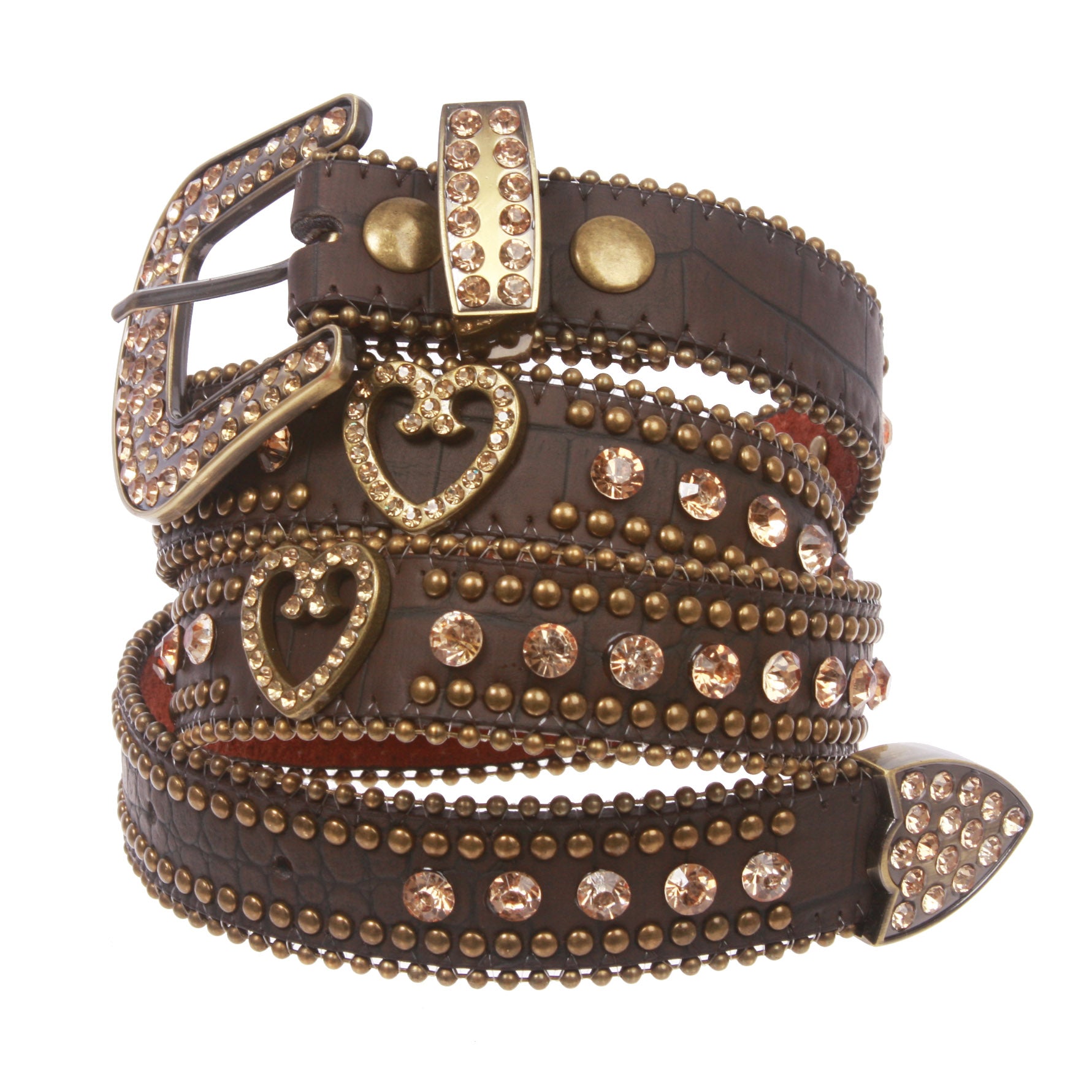 Women's Skinny Western Faux Crocodile Rhinestone Studs Heart Concho Leather Belt - OnlineBelts