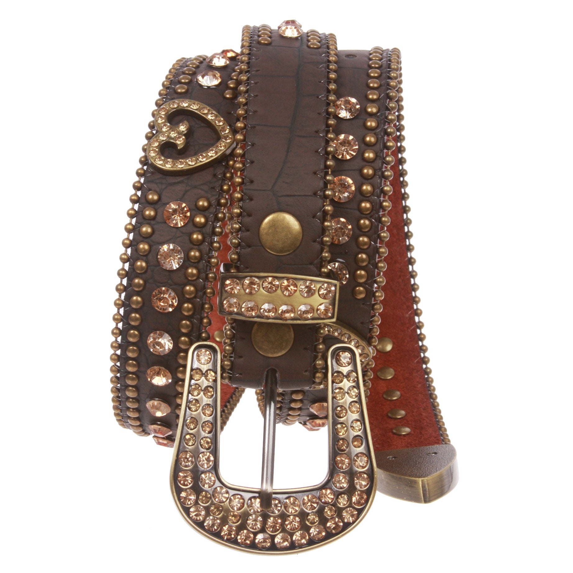 Women's Skinny Western Faux Crocodile Rhinestone Studs Heart Concho Leather Belt - OnlineBelts