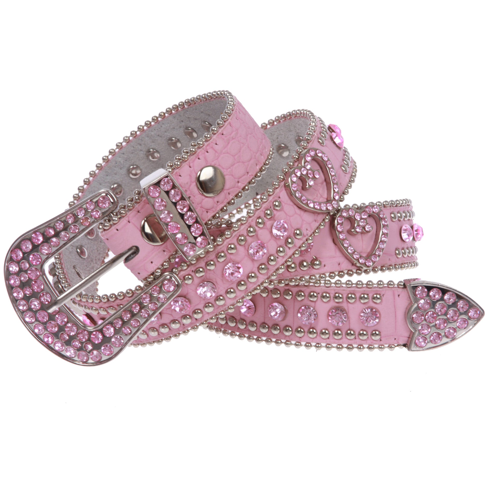 Women's Skinny Western Faux Crocodile Rhinestone Studs Heart Concho Leather Belt - OnlineBelts