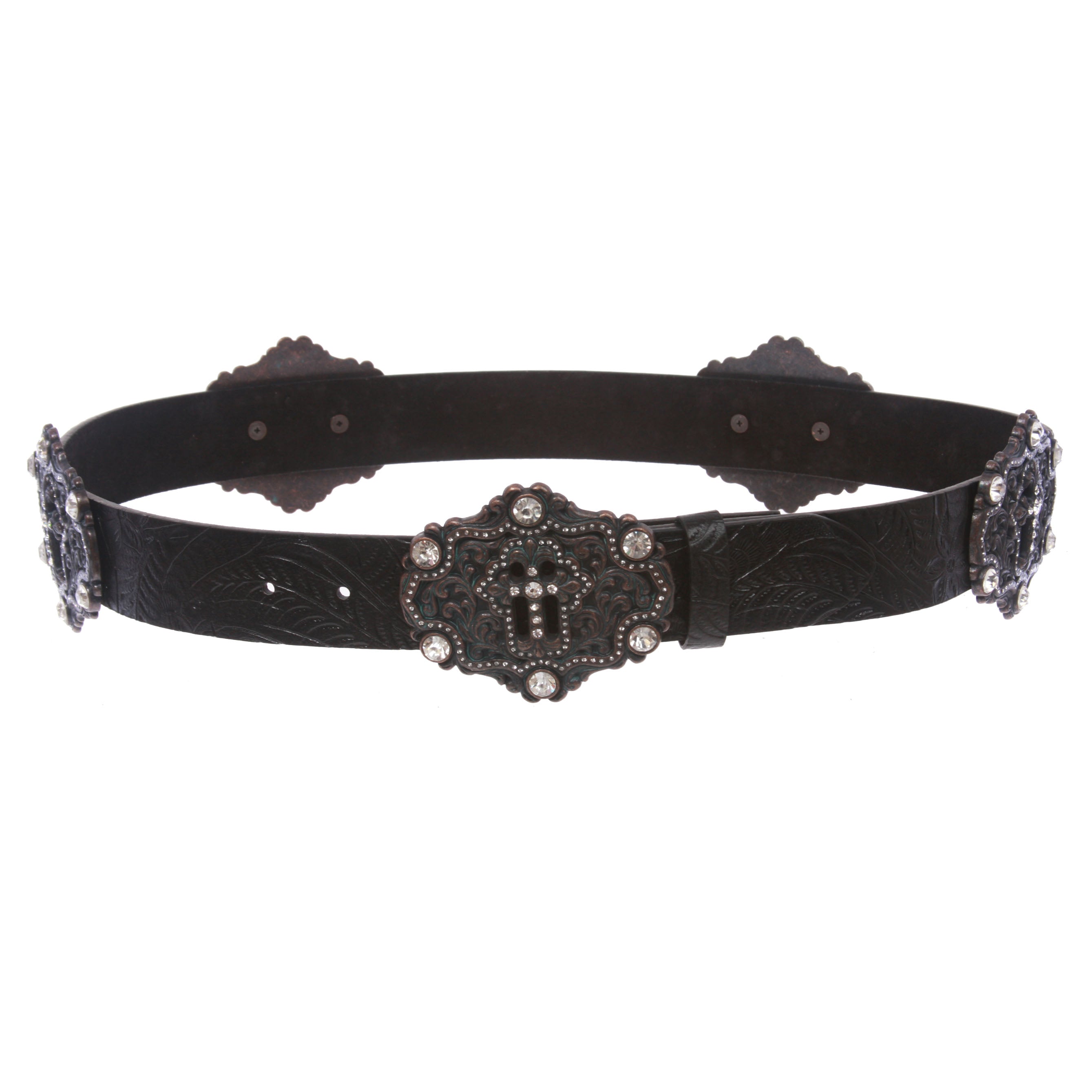 Snap On Floral Embossed Leather Rhinestone Cross Bling Belt - OnlineBelts