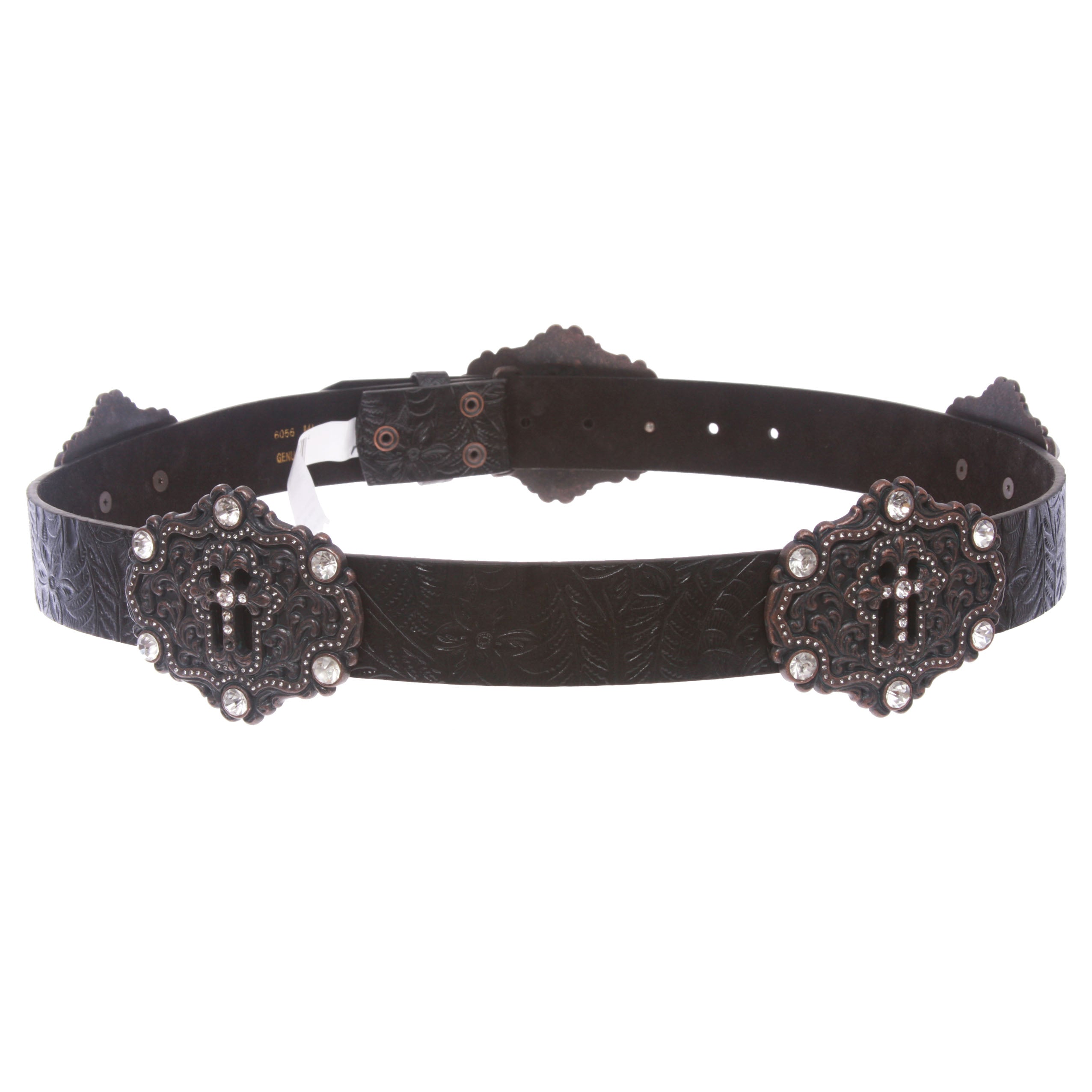 Snap On Floral Embossed Leather Rhinestone Cross Bling Belt - OnlineBelts