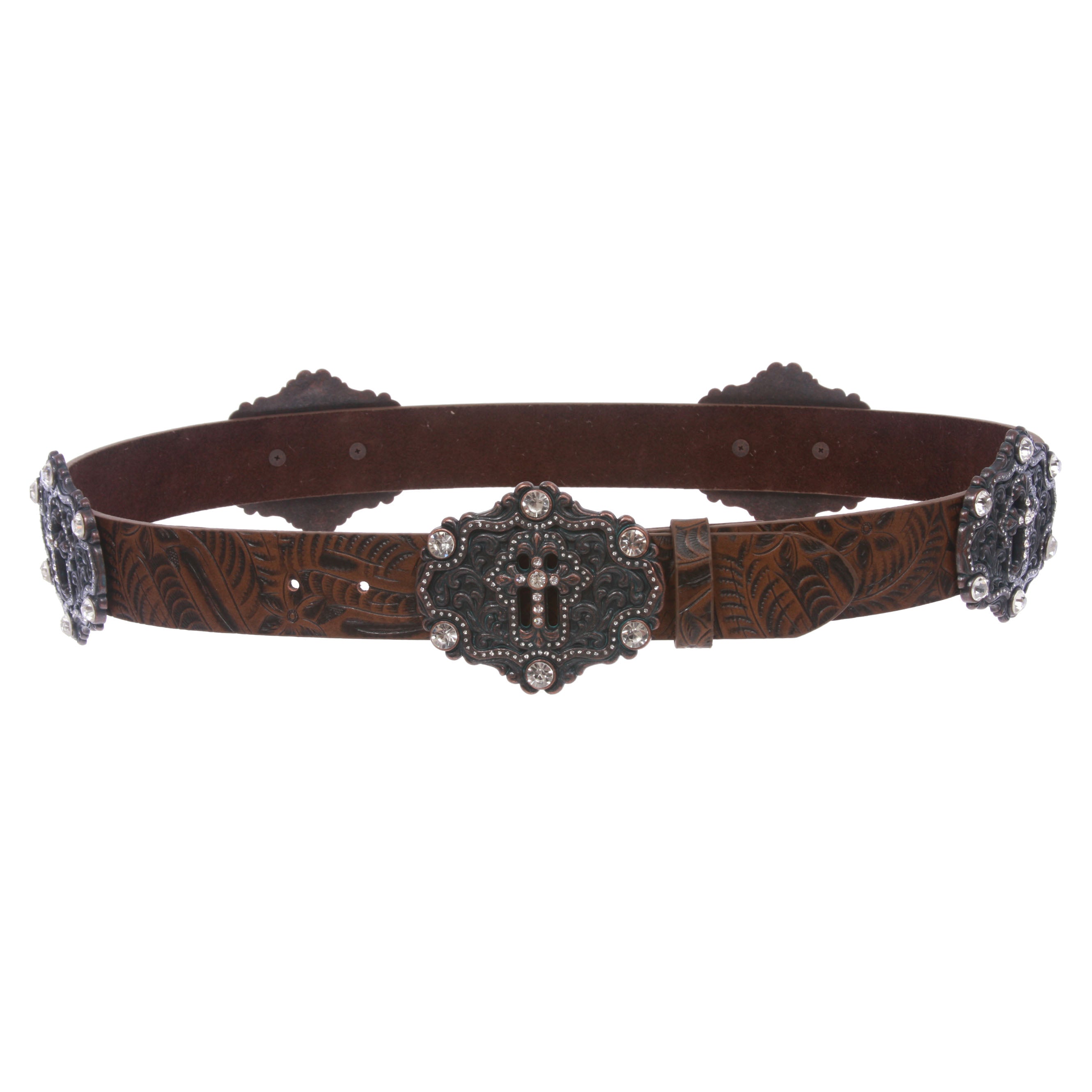 Snap On Floral Embossed Leather Rhinestone Cross Bling Belt - OnlineBelts