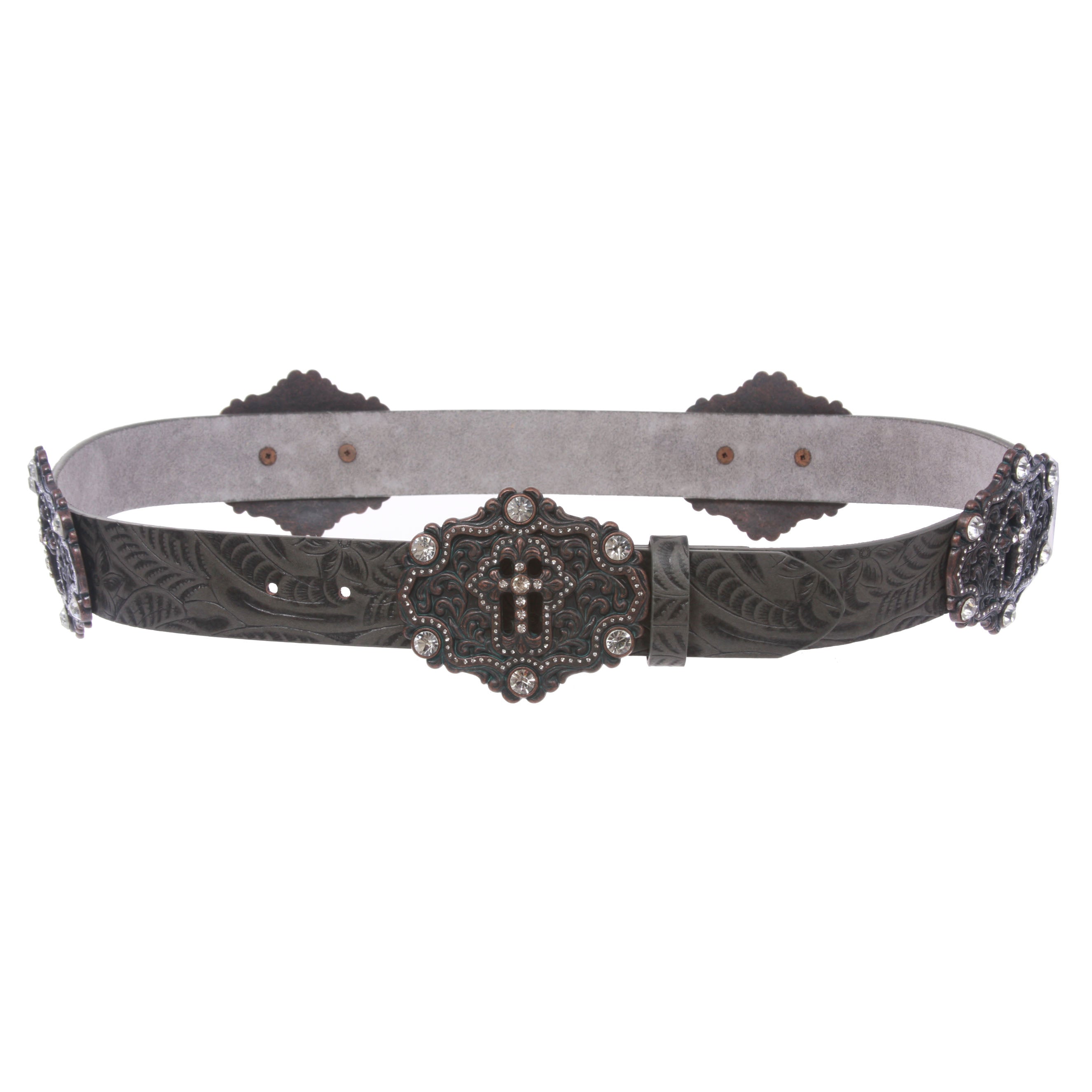 Snap On Floral Embossed Leather Rhinestone Cross Bling Belt - OnlineBelts