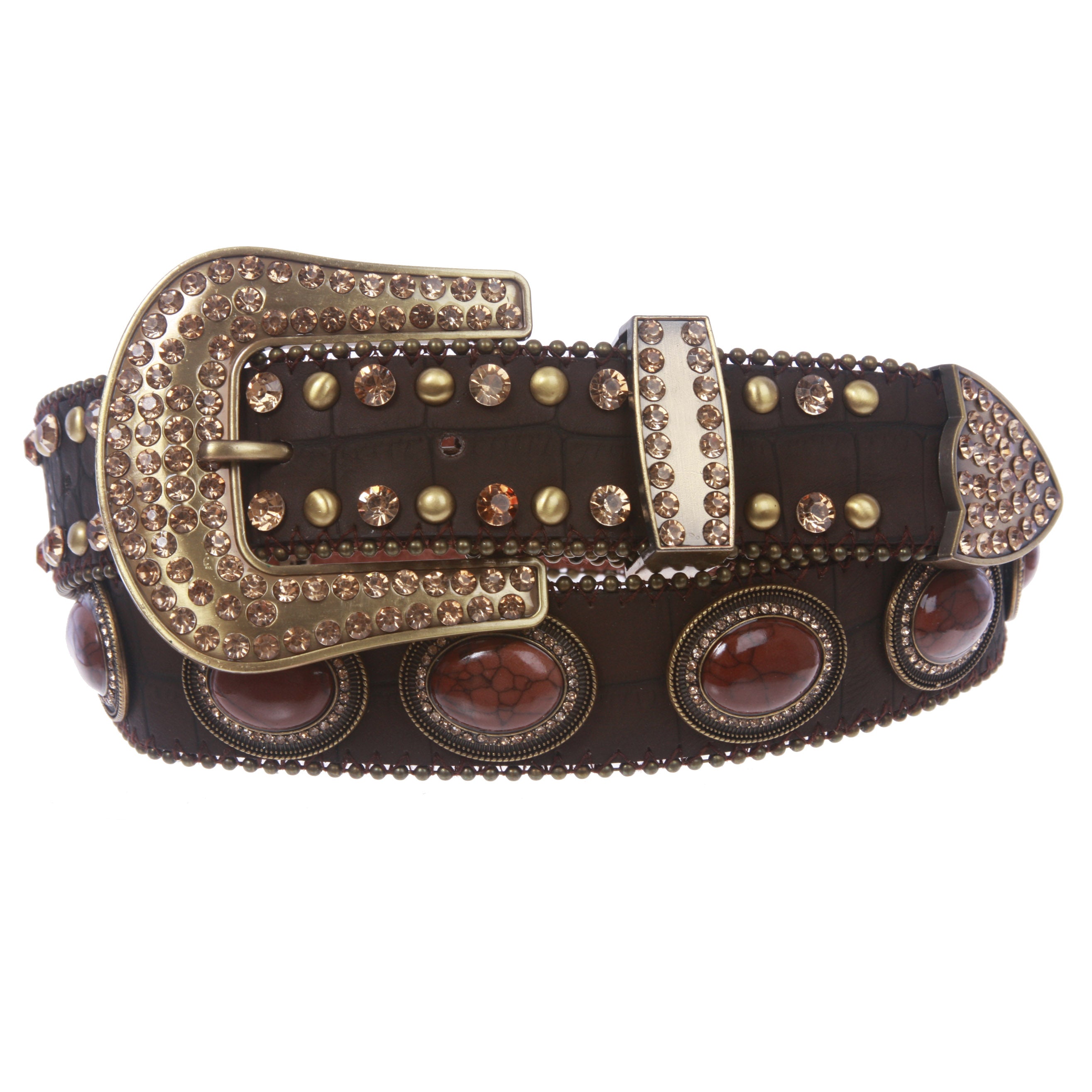 Snap On Western Crocodile Print Oval Brown Stone Studs Rhinestone Leather Belt - OnlineBelts