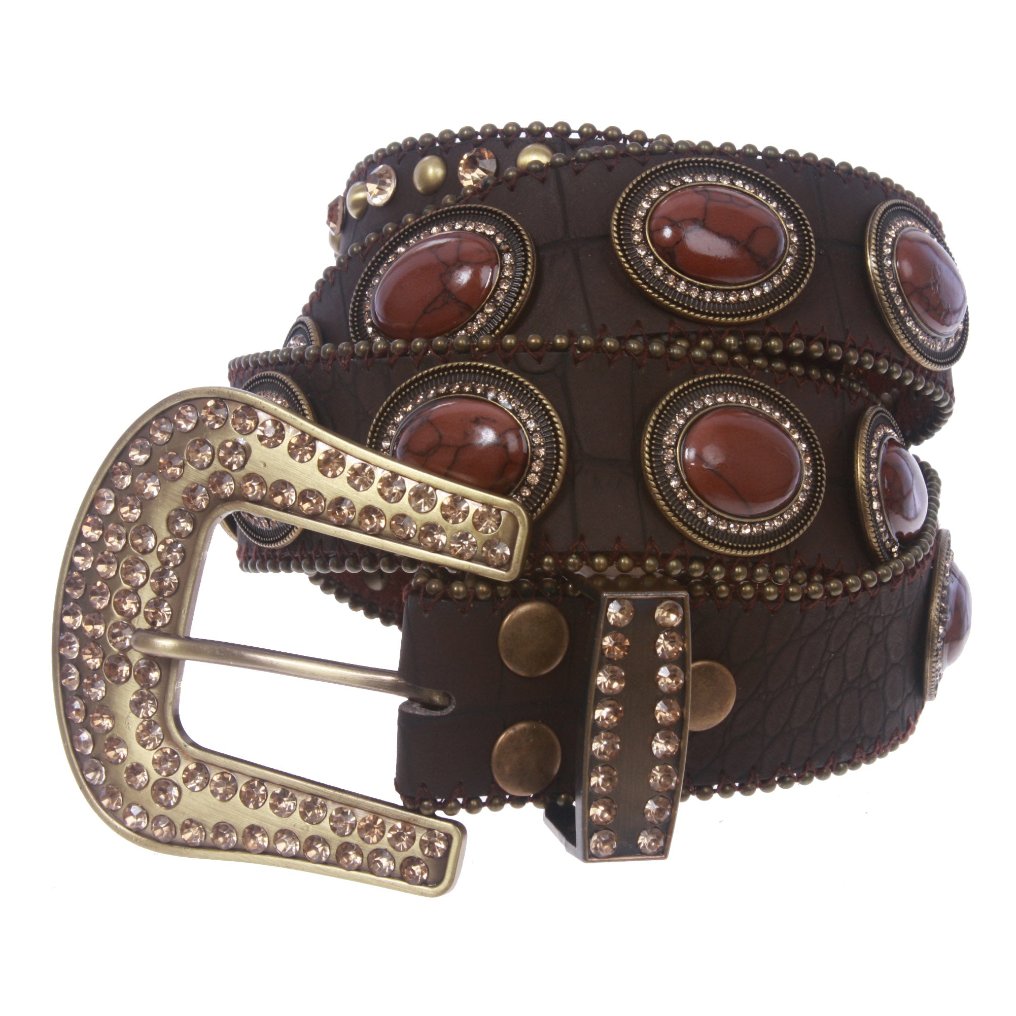 Snap On Western Crocodile Print Oval Brown Stone Studs Rhinestone Leather Belt - OnlineBelts