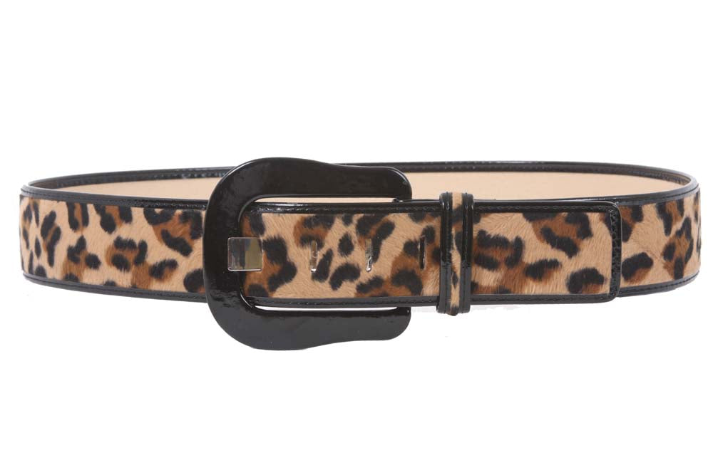 Ladies 2" Patent Leather Leopard Print Animal Fur Fashion Belt