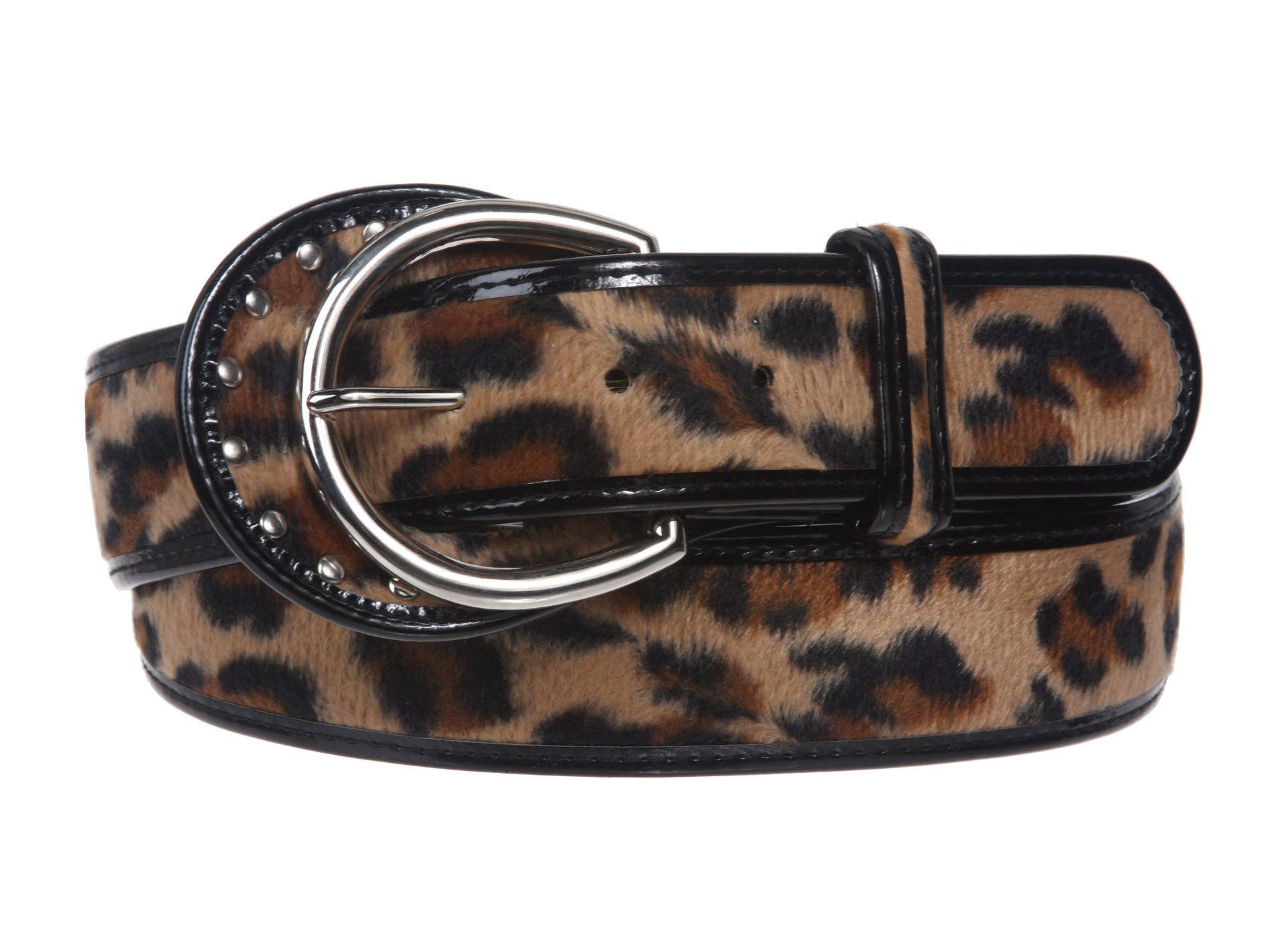 1 1/2" Wide Ladies Patent Leather faux Leopard Print Animal Fur Fashion Belt - OnlineBelts